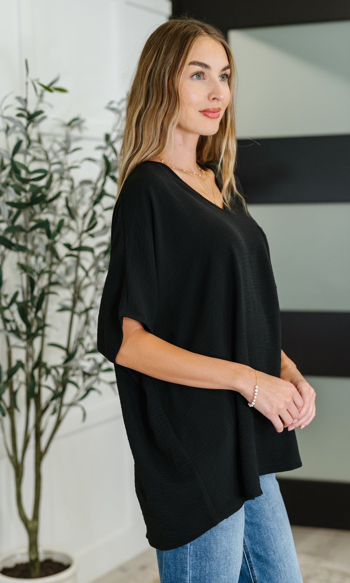 Coastal Ease V-Neck Top in Black-Womens-Stay Foxy Boutique, Florissant, Missouri