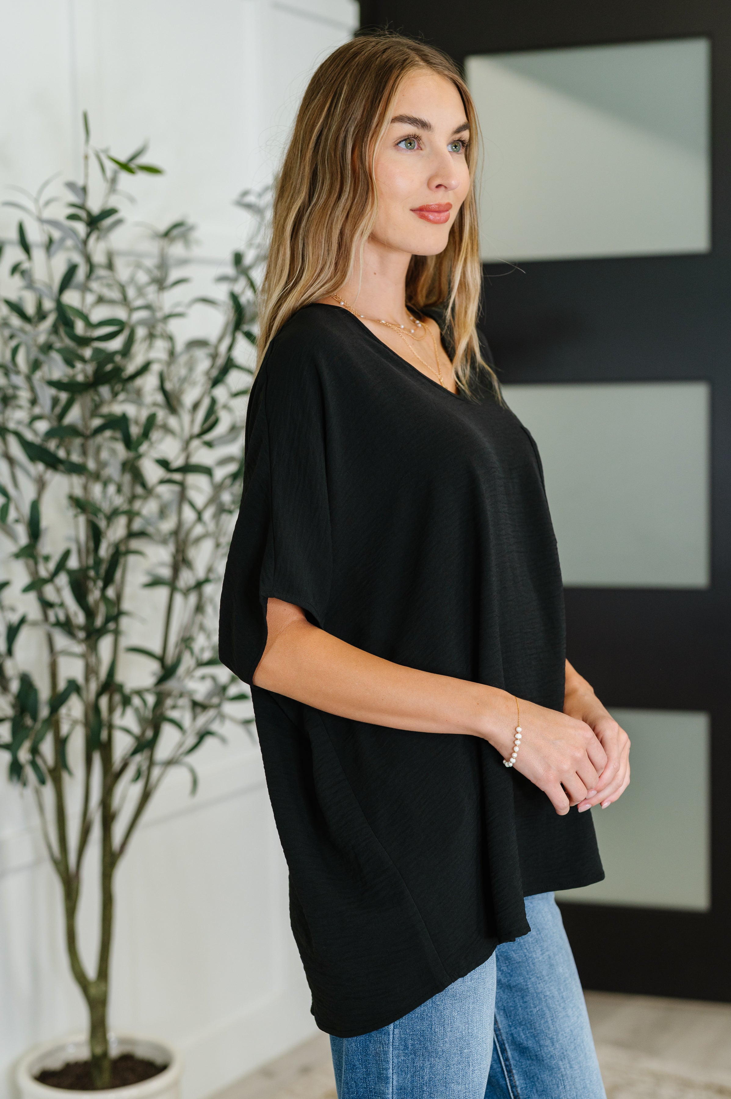 Coastal Ease V-Neck Top in Black-Womens-Stay Foxy Boutique, Florissant, Missouri
