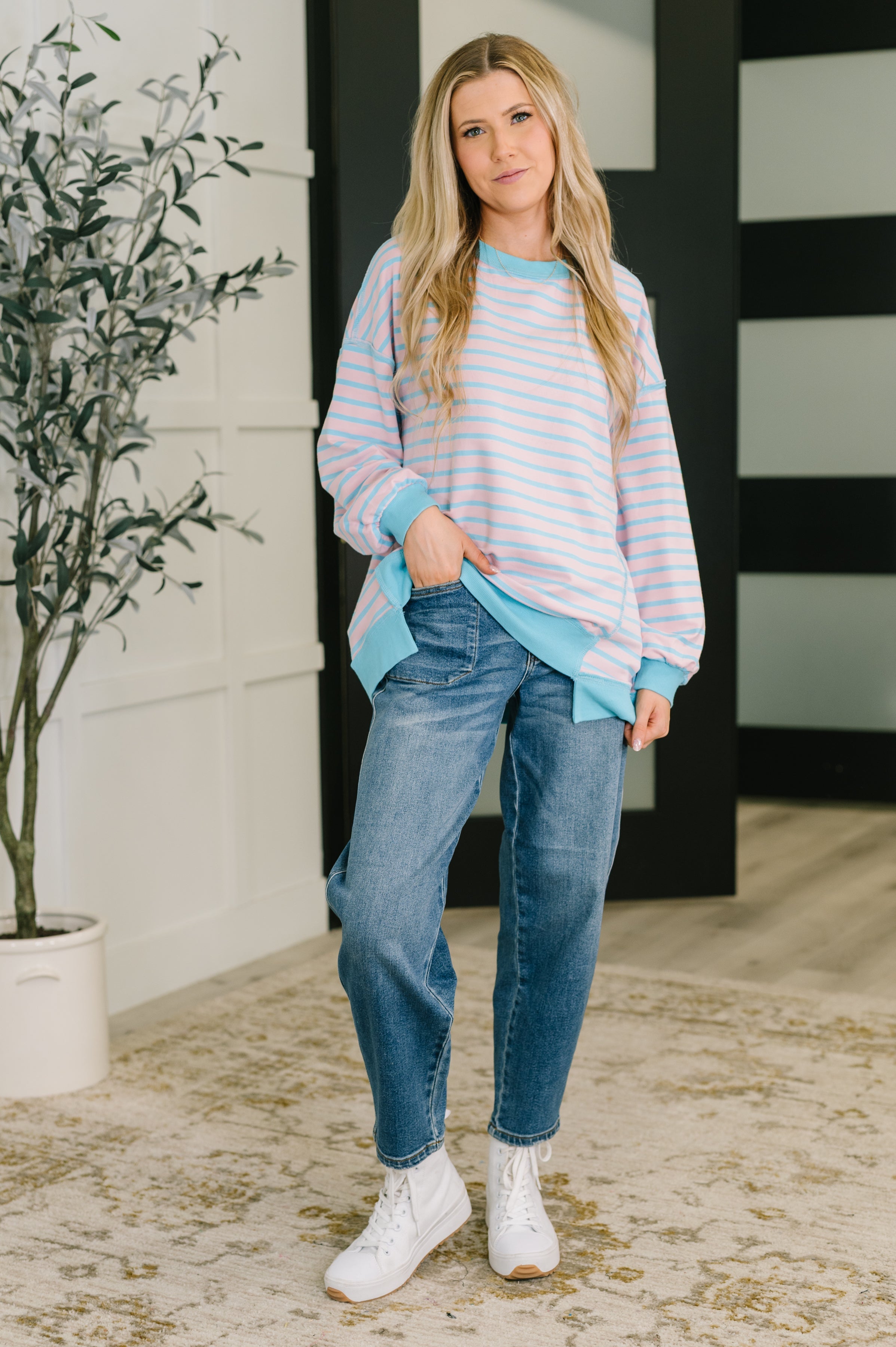 Color Clash Drop Shoulder Long Sleeve-Womens-Stay Foxy Boutique, Florissant, Missouri