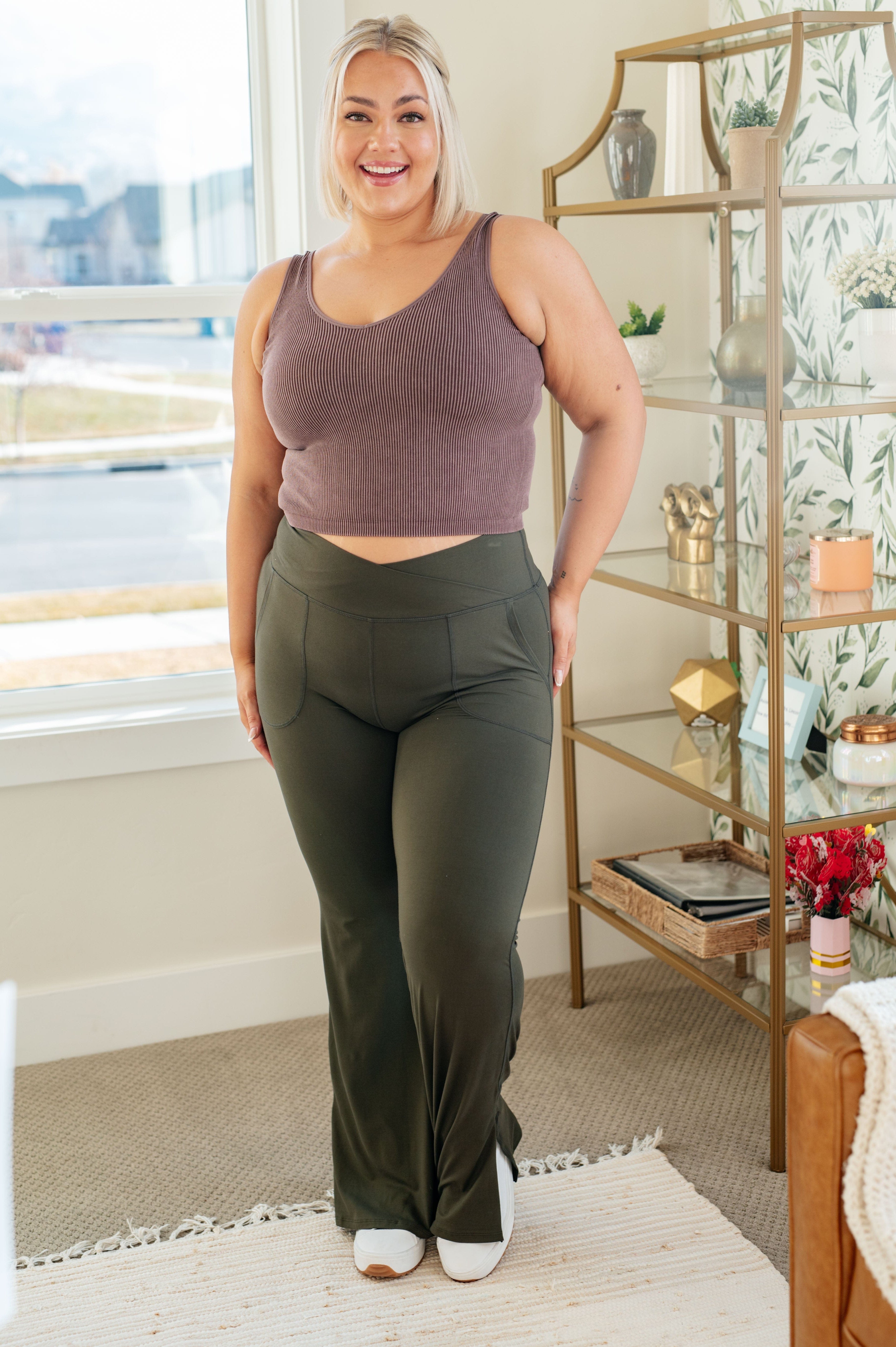 On the Move V Front Flare Leggings in Olive-Athleisure-Stay Foxy Boutique, Florissant, Missouri
