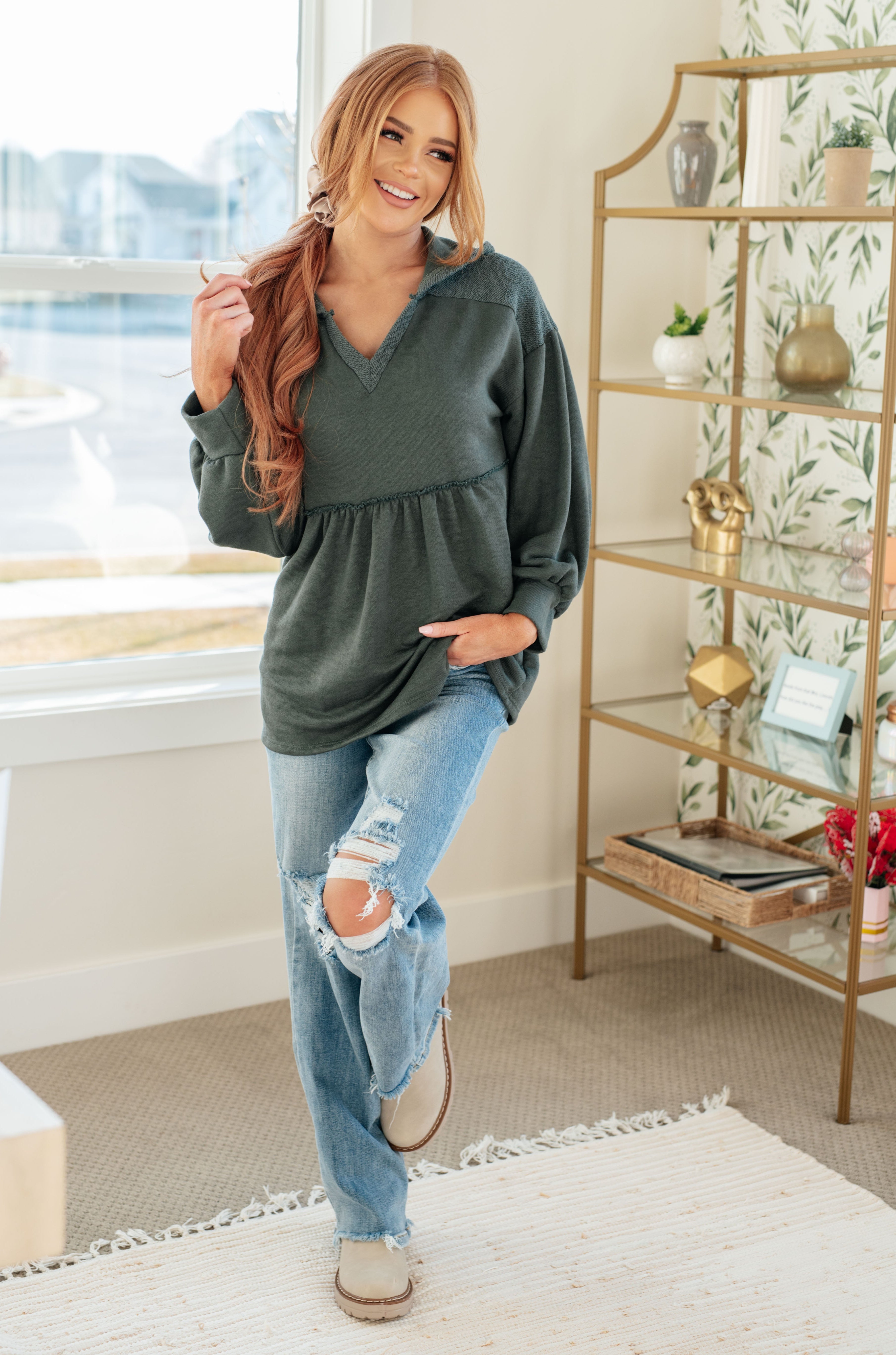 She's Not Wrong Hooded V-Neck Pullover-Tops-Stay Foxy Boutique, Florissant, Missouri