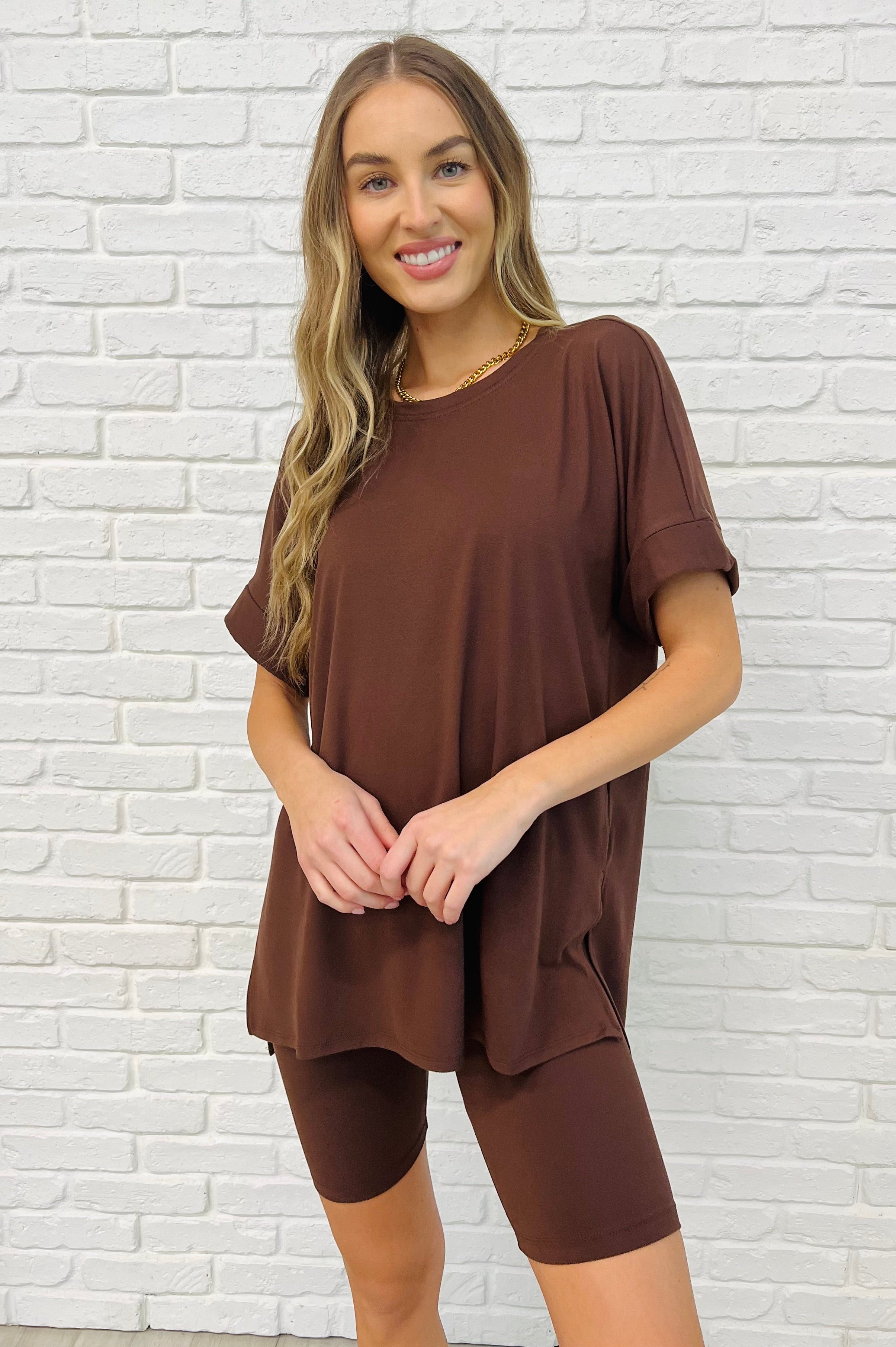 Comfy Cruising Top and Biker Shorts Set in Mahogany-Womens-Stay Foxy Boutique, Florissant, Missouri
