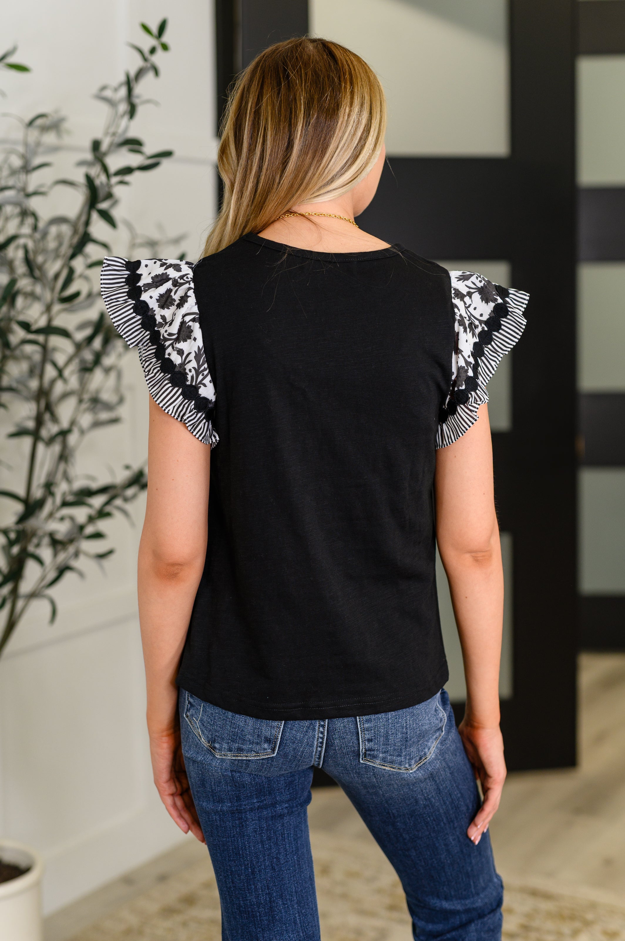 Contrast Flutter Sleeve Top in Black-Womens-Stay Foxy Boutique, Florissant, Missouri