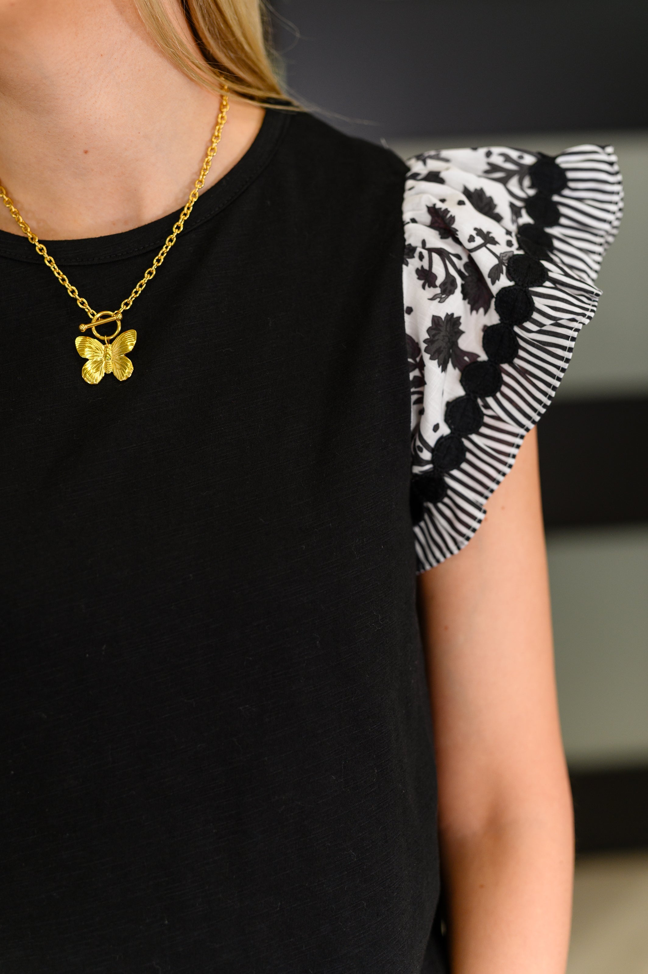 Contrast Flutter Sleeve Top in Black-Womens-Stay Foxy Boutique, Florissant, Missouri