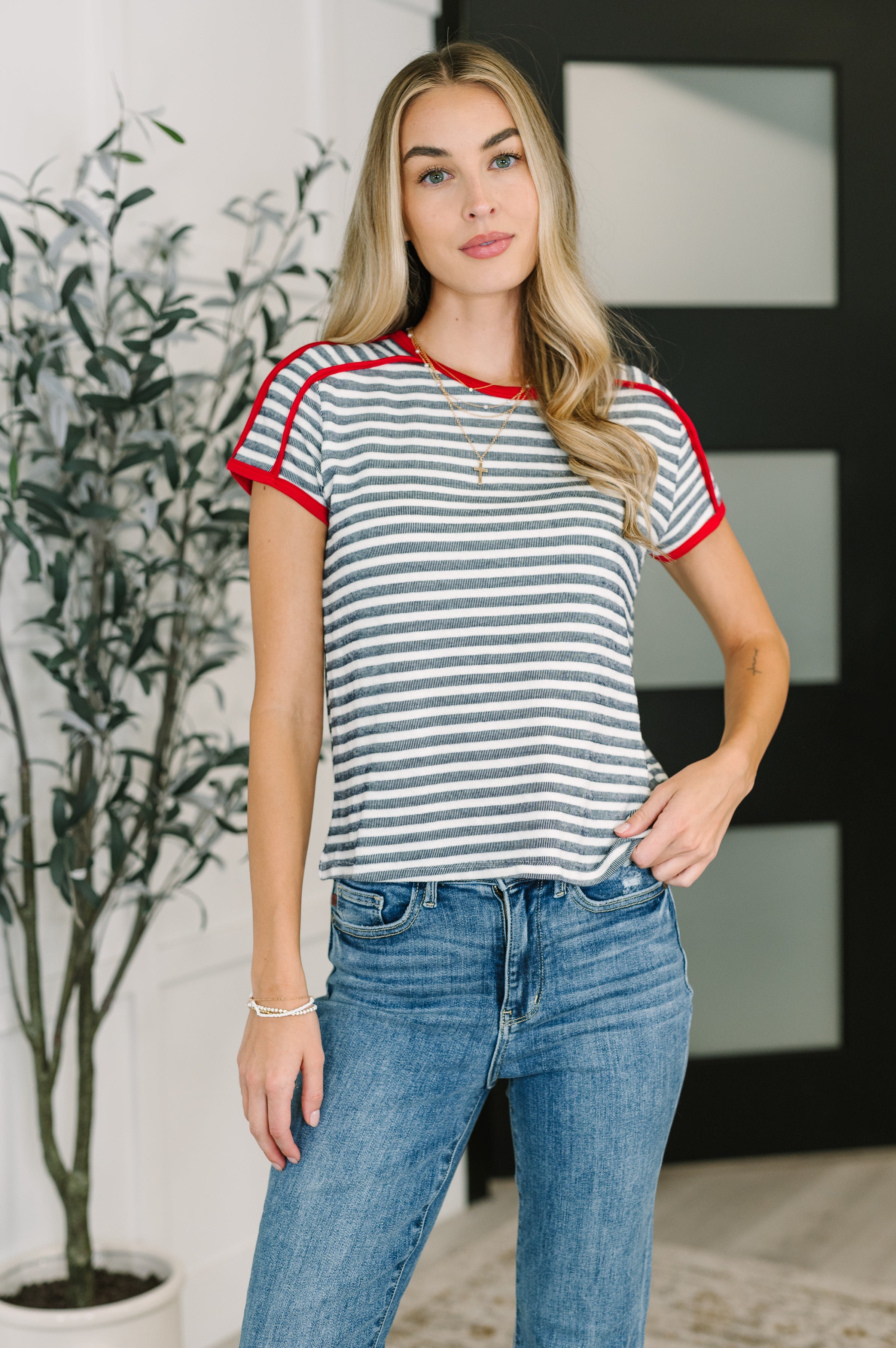 Country Stripe Casual Tee in Navy White-Womens-Stay Foxy Boutique, Florissant, Missouri