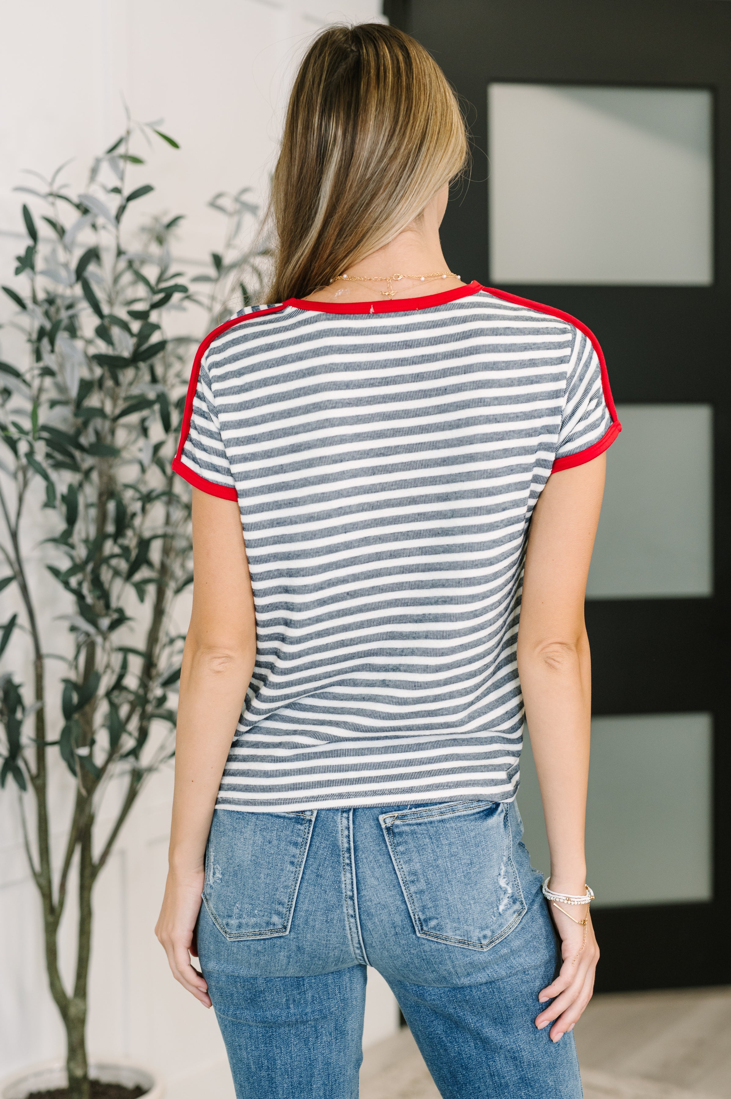 Country Stripe Casual Tee in Navy White-Womens-Stay Foxy Boutique, Florissant, Missouri