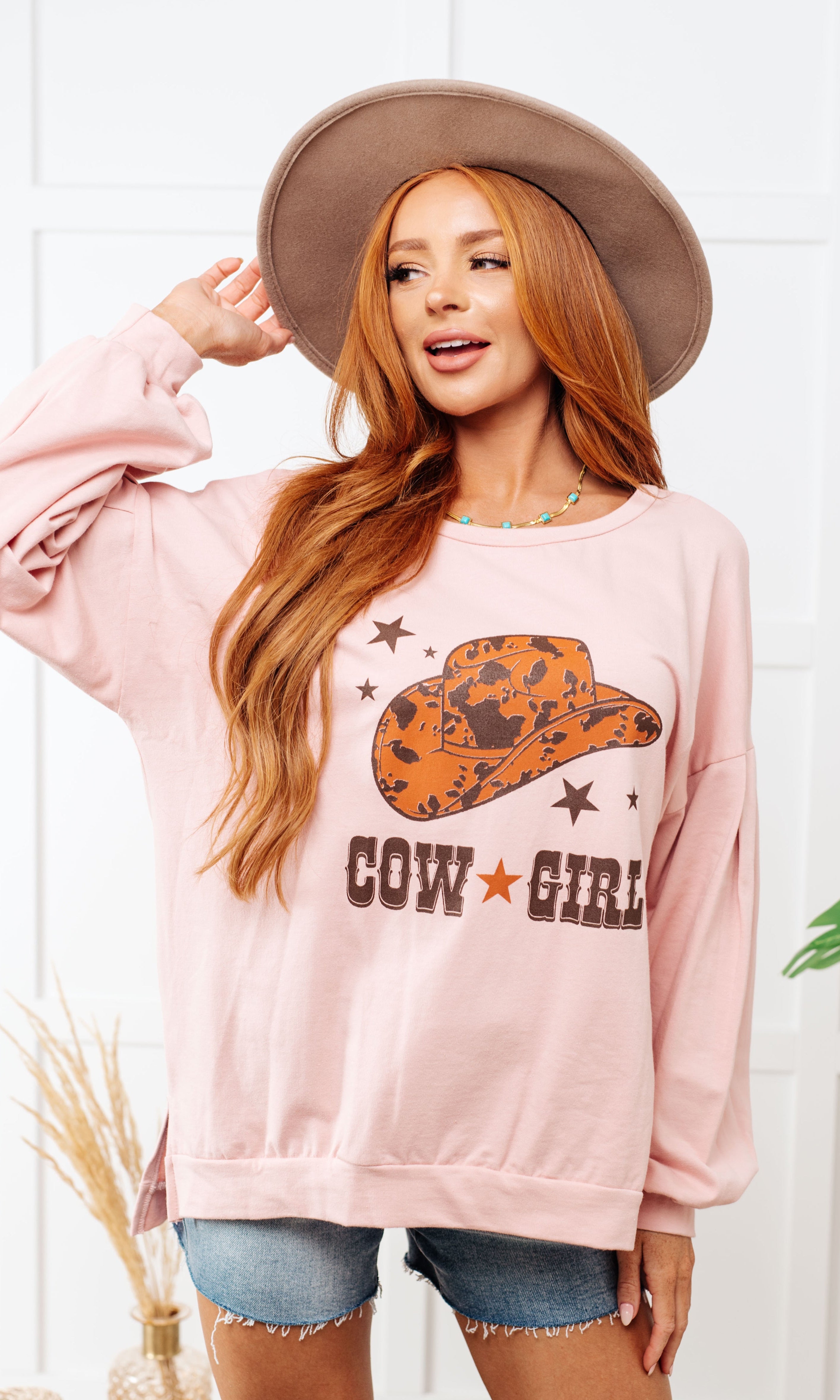 Cow Girl Graphic Pullover in Dusty Pink-Tops-Stay Foxy Boutique, Florissant, Missouri
