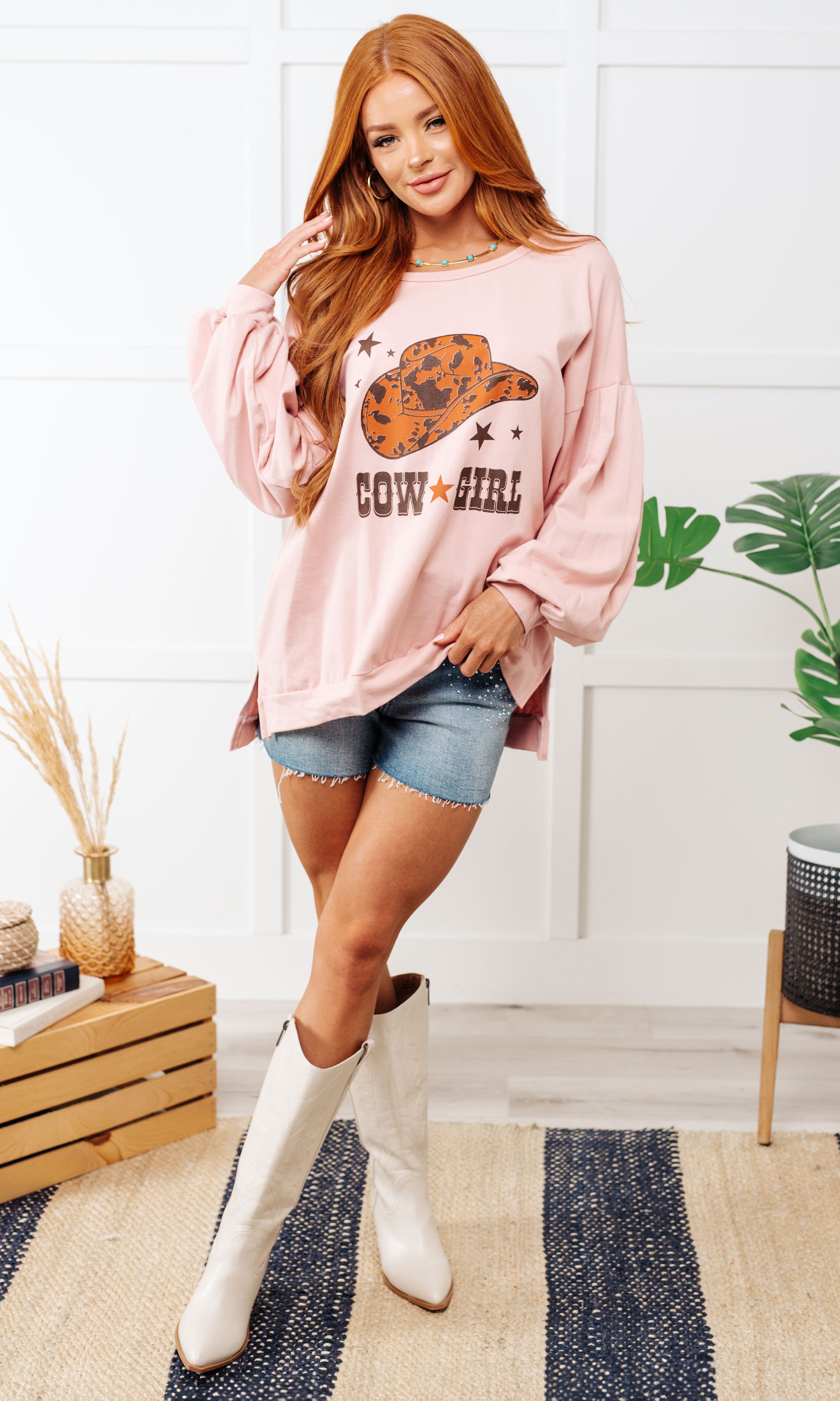 Cow Girl Graphic Pullover in Dusty Pink-Tops-Stay Foxy Boutique, Florissant, Missouri