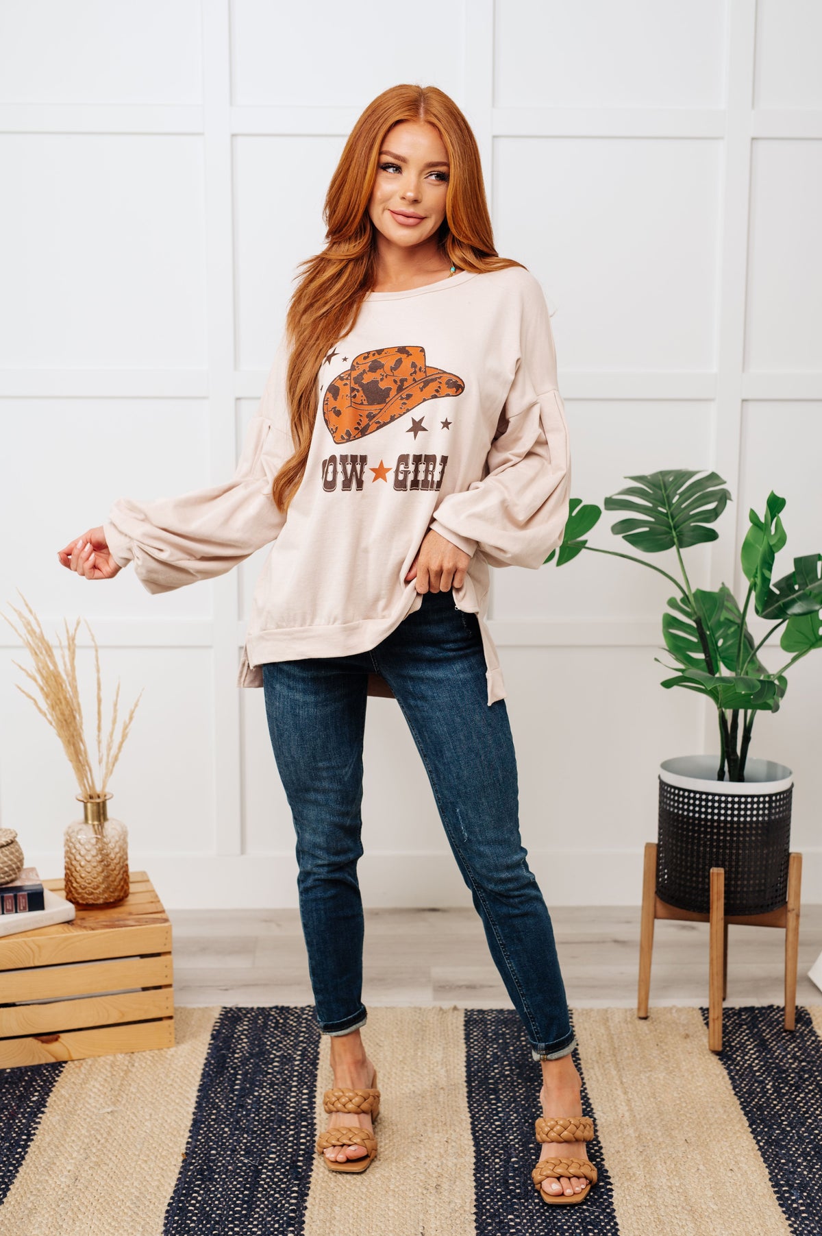 Cow Girl Graphic Pullover in Stone-Tops-Stay Foxy Boutique, Florissant, Missouri