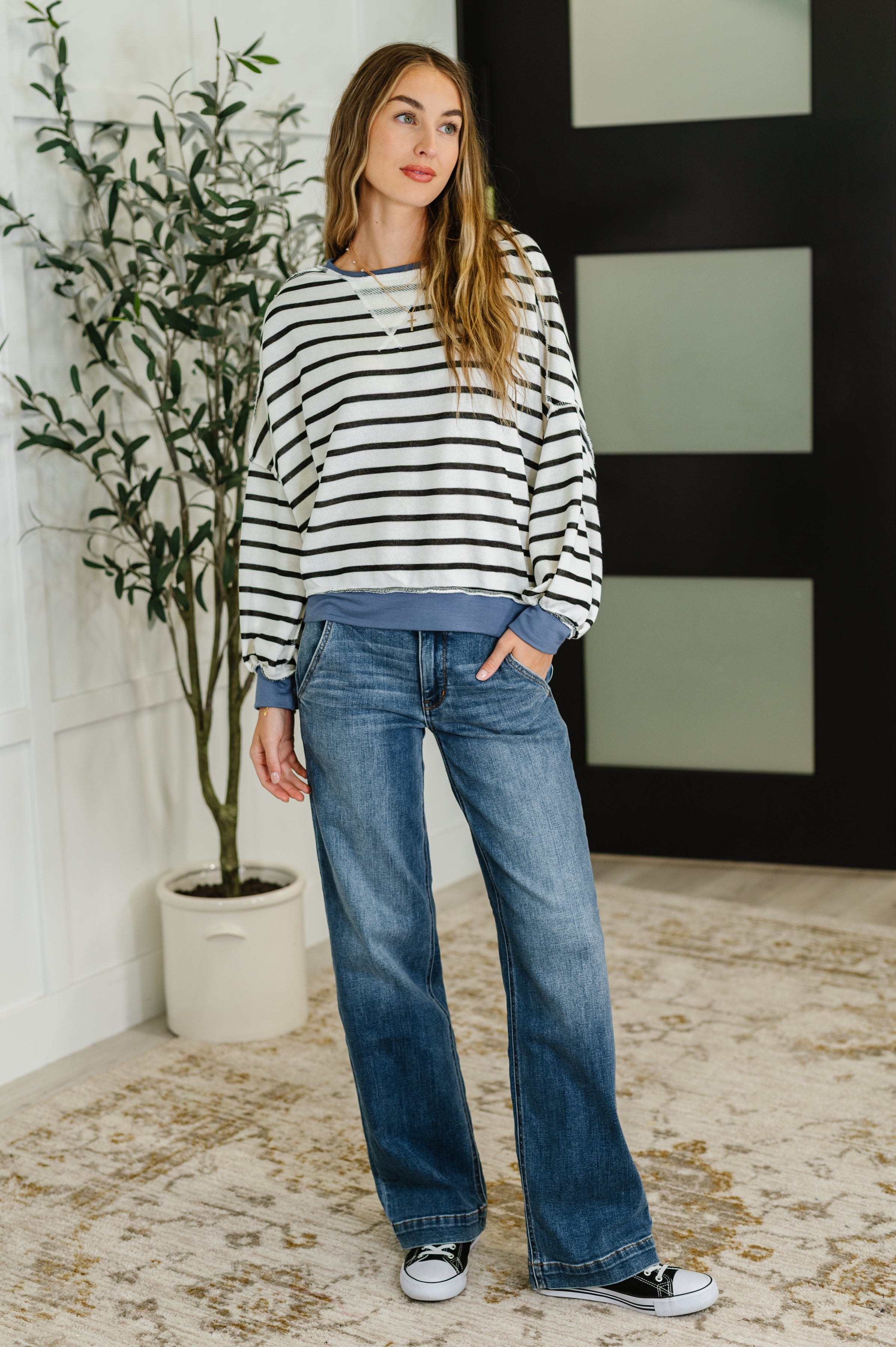 Cute in Comfort Crew Neck Pullover in White, Black and Denim-Womens-Stay Foxy Boutique, Florissant, Missouri