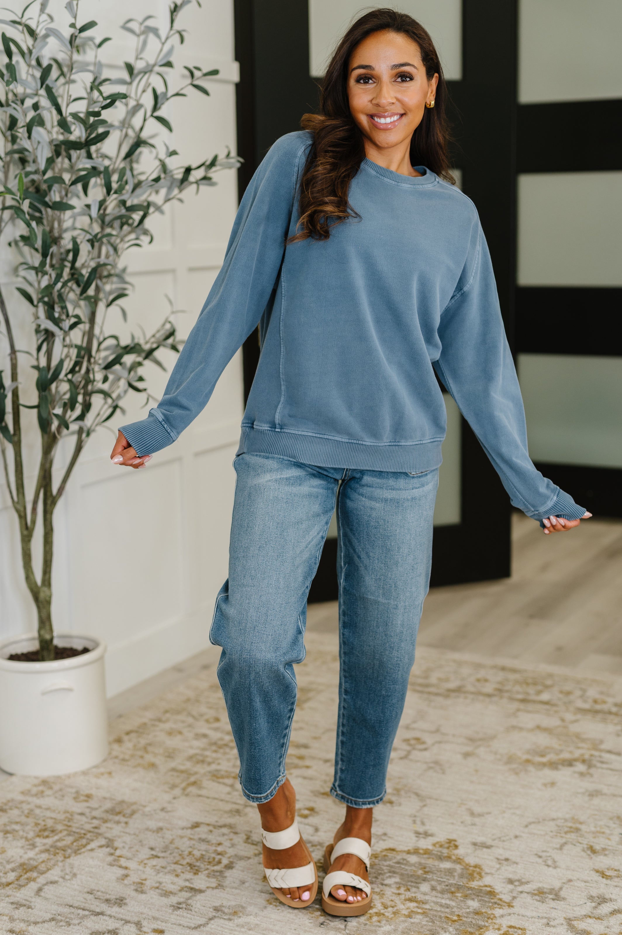 Daily Ease Mineral Wash Pullover in Dusty Blue-Womens-Stay Foxy Boutique, Florissant, Missouri