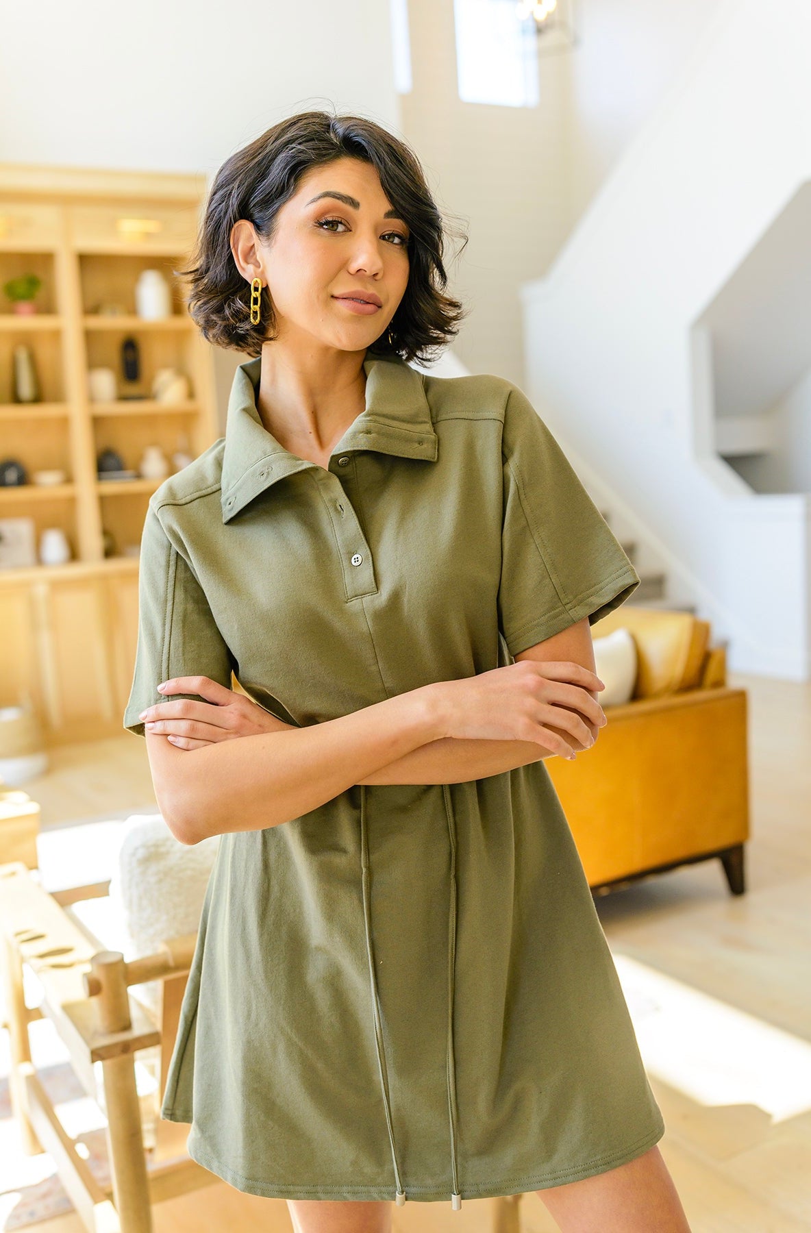 Darla Button Up Collared Dress in Olive-Dresses-Stay Foxy Boutique, Florissant, Missouri