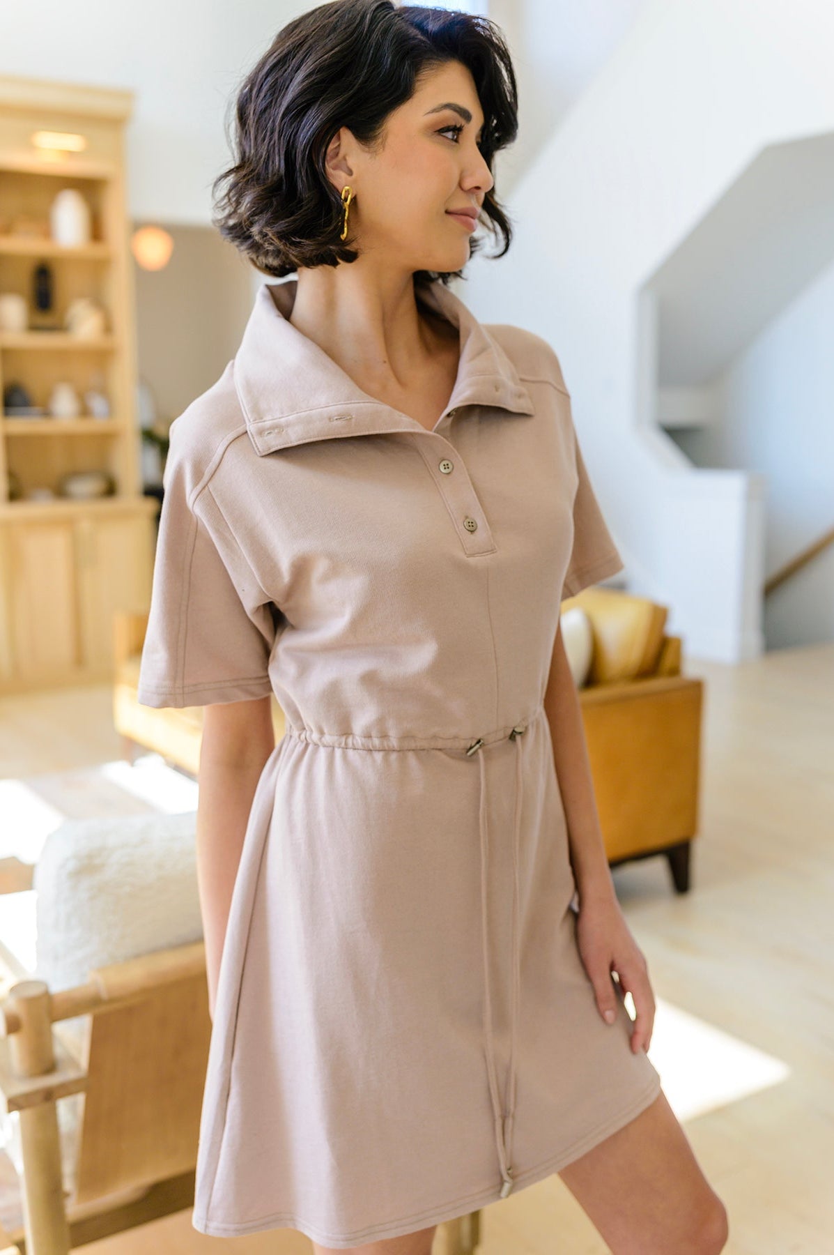 Darla Button Up Collared Dress in Taupe-Dresses-Stay Foxy Boutique, Florissant, Missouri
