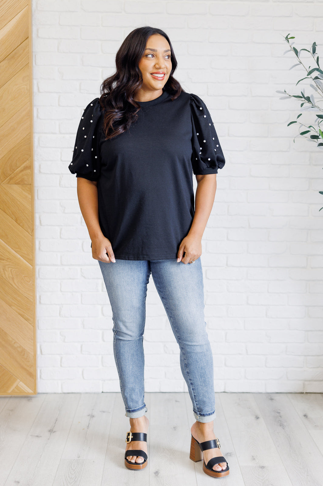 Diamonds and Pearls Puff Sleeve Top in Black-Tops-Stay Foxy Boutique, Florissant, Missouri