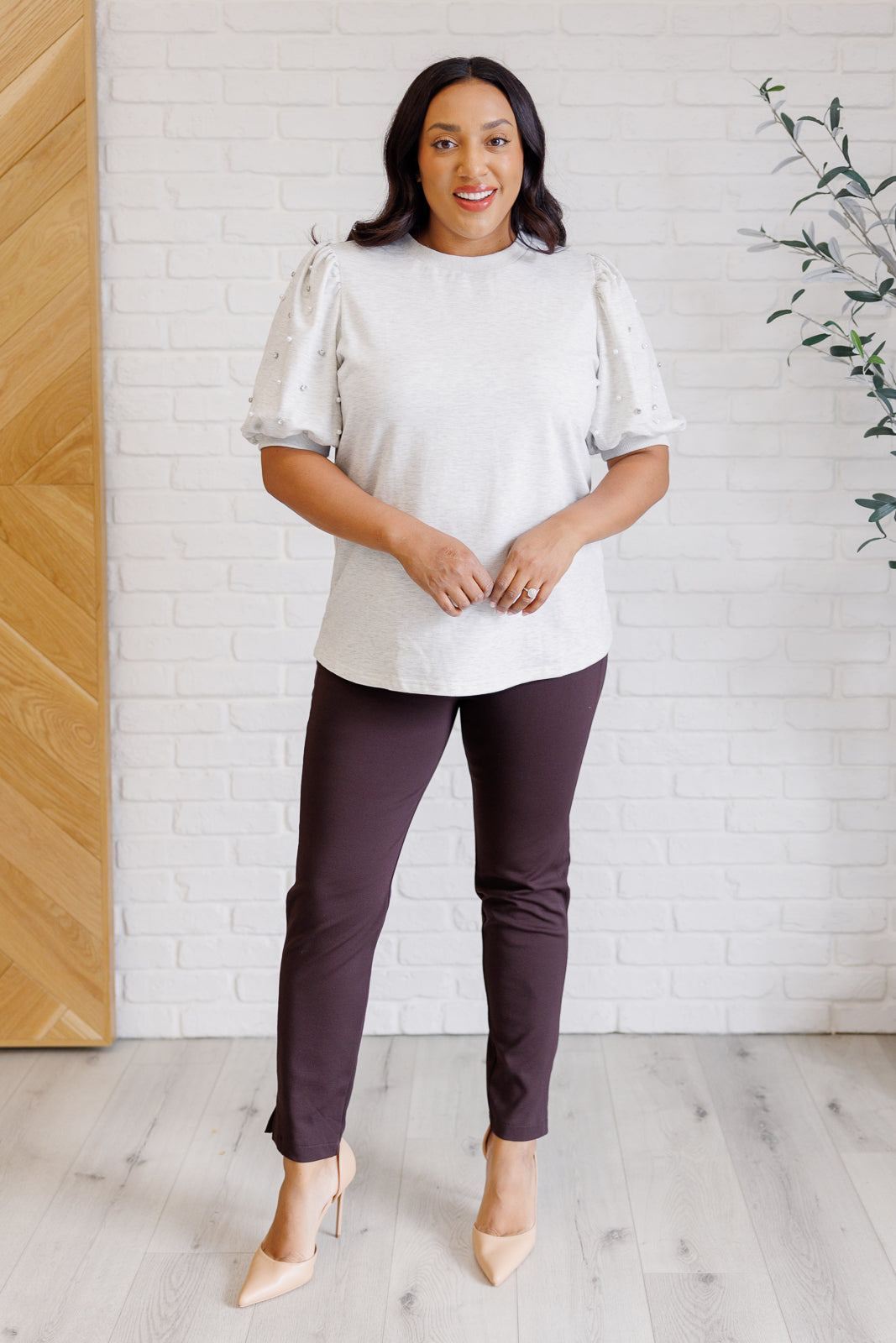 Diamonds and Pearls Puff Sleeve Top in Light Grey-Tops-Stay Foxy Boutique, Florissant, Missouri