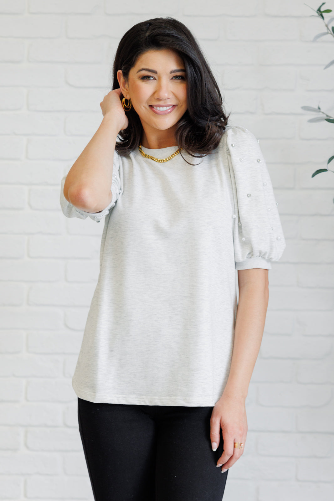 Diamonds and Pearls Puff Sleeve Top in Light Grey-Tops-Stay Foxy Boutique, Florissant, Missouri