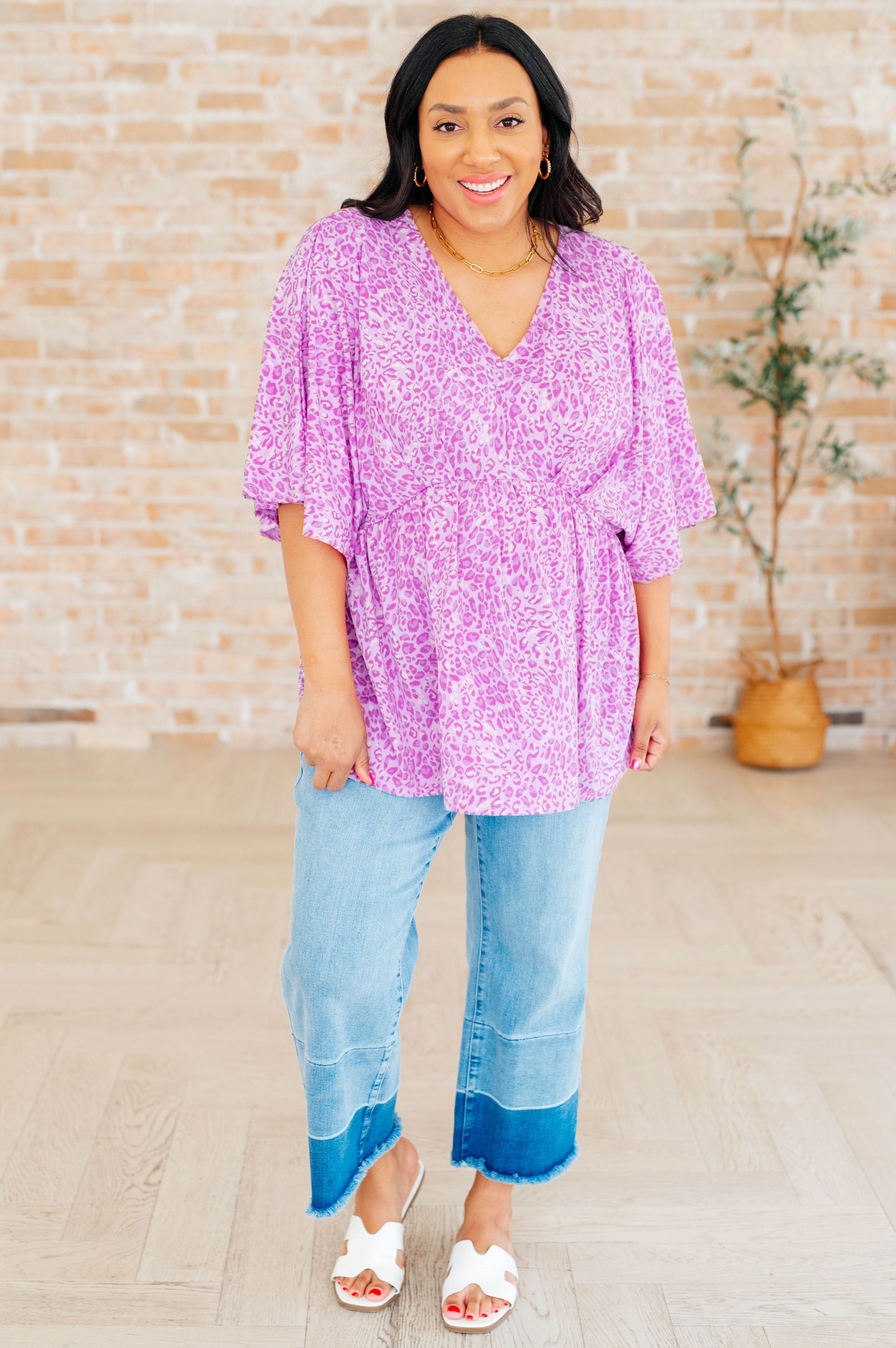 Dreamer Peplum Top in Lavender Leopard-Tops-Stay Foxy Boutique, Florissant, Missouri