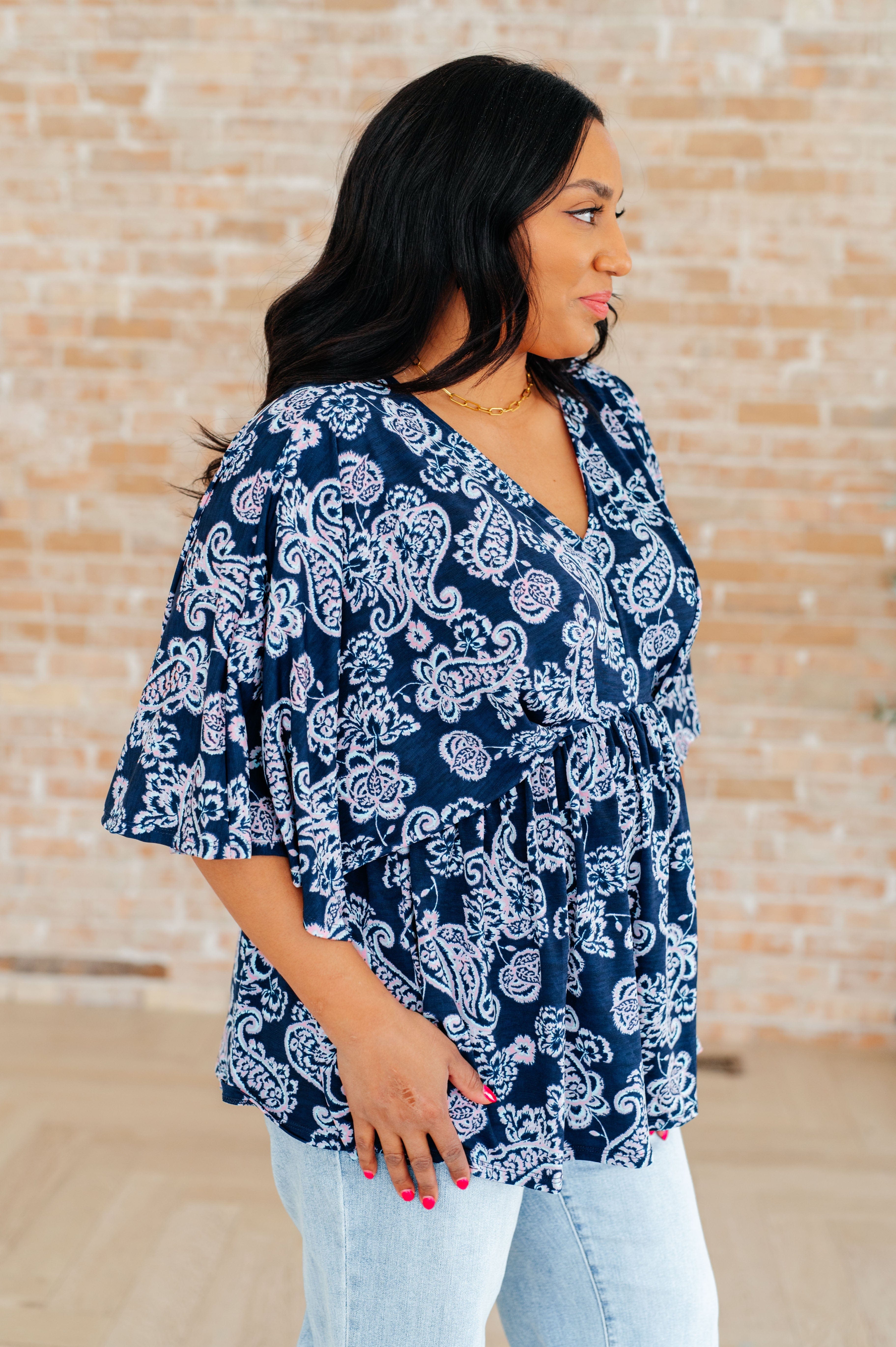 Dreamer Peplum Top in Navy and Pink Paisley-Tops-Stay Foxy Boutique, Florissant, Missouri