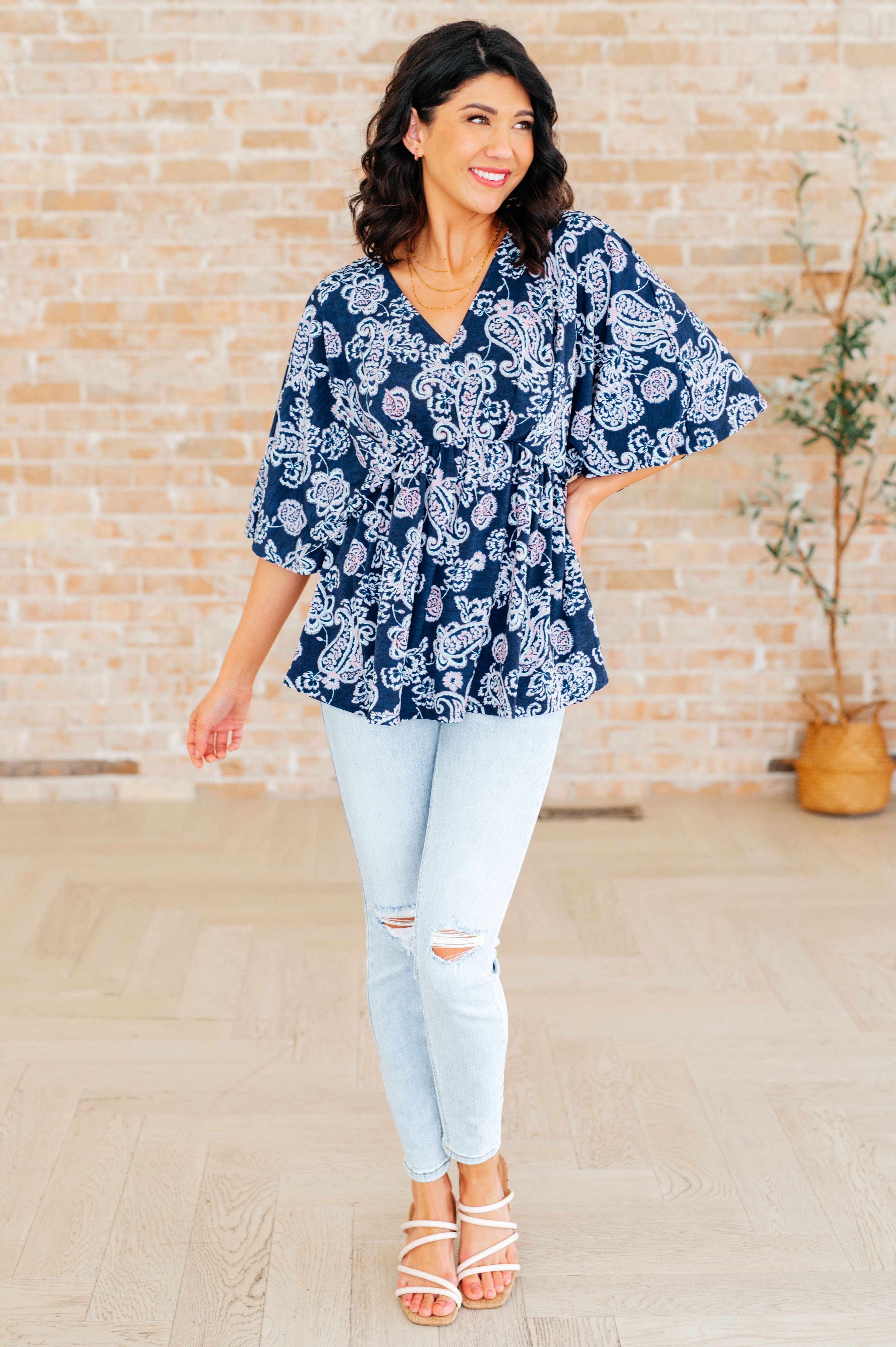 Dreamer Peplum Top in Navy and Pink Paisley-Tops-Stay Foxy Boutique, Florissant, Missouri