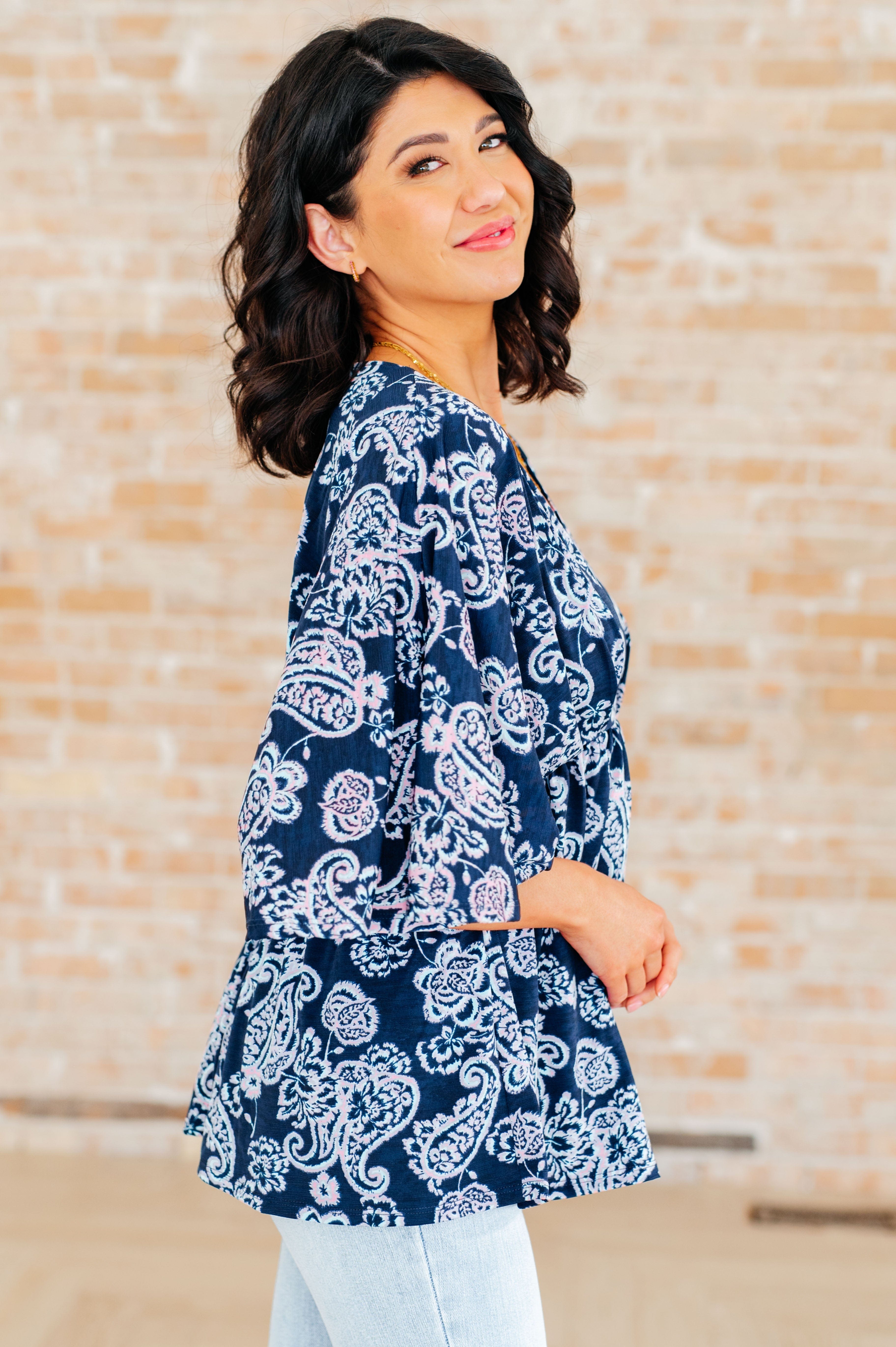 Dreamer Peplum Top in Navy and Pink Paisley-Tops-Stay Foxy Boutique, Florissant, Missouri