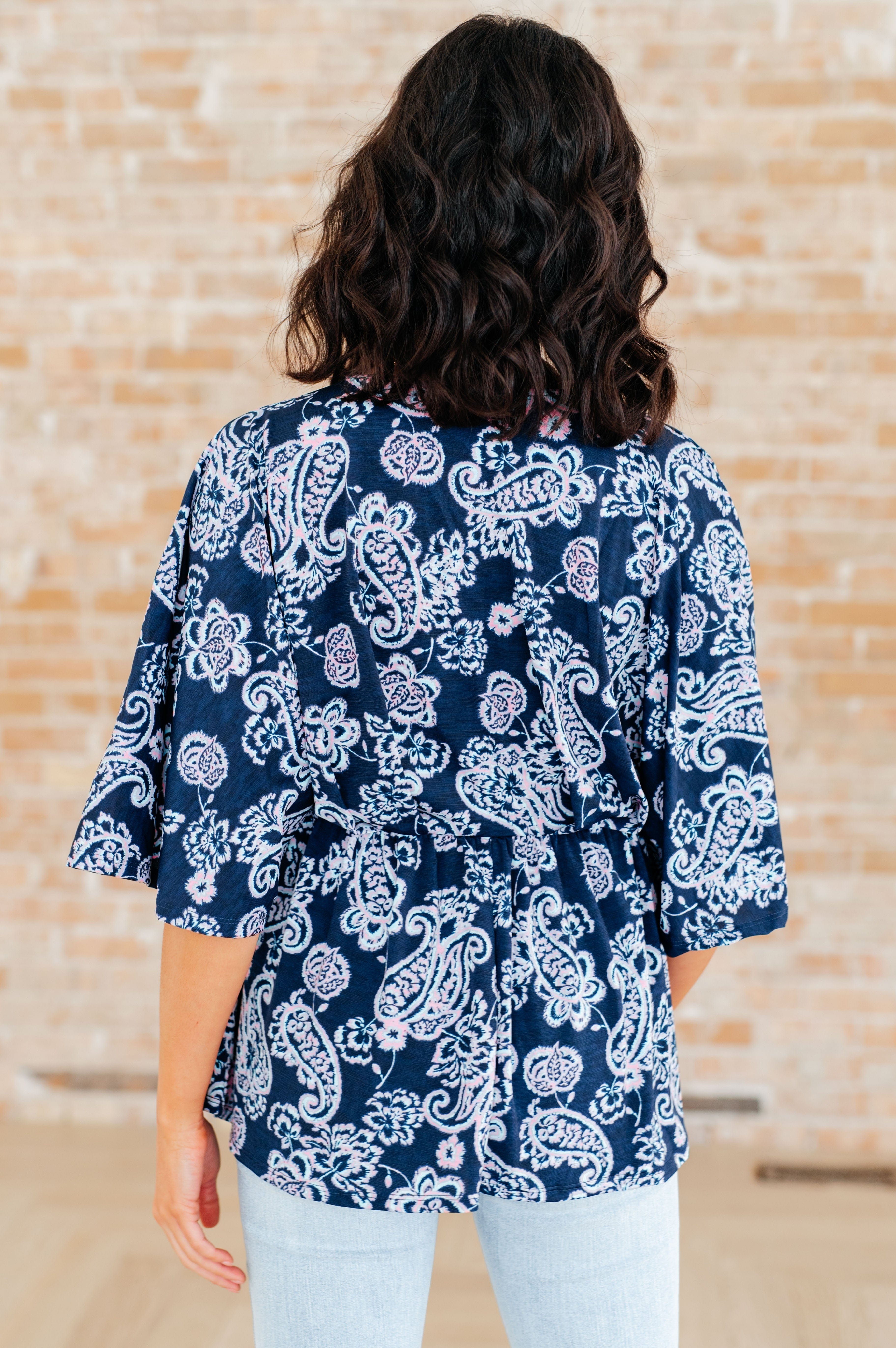 Dreamer Peplum Top in Navy and Pink Paisley-Tops-Stay Foxy Boutique, Florissant, Missouri