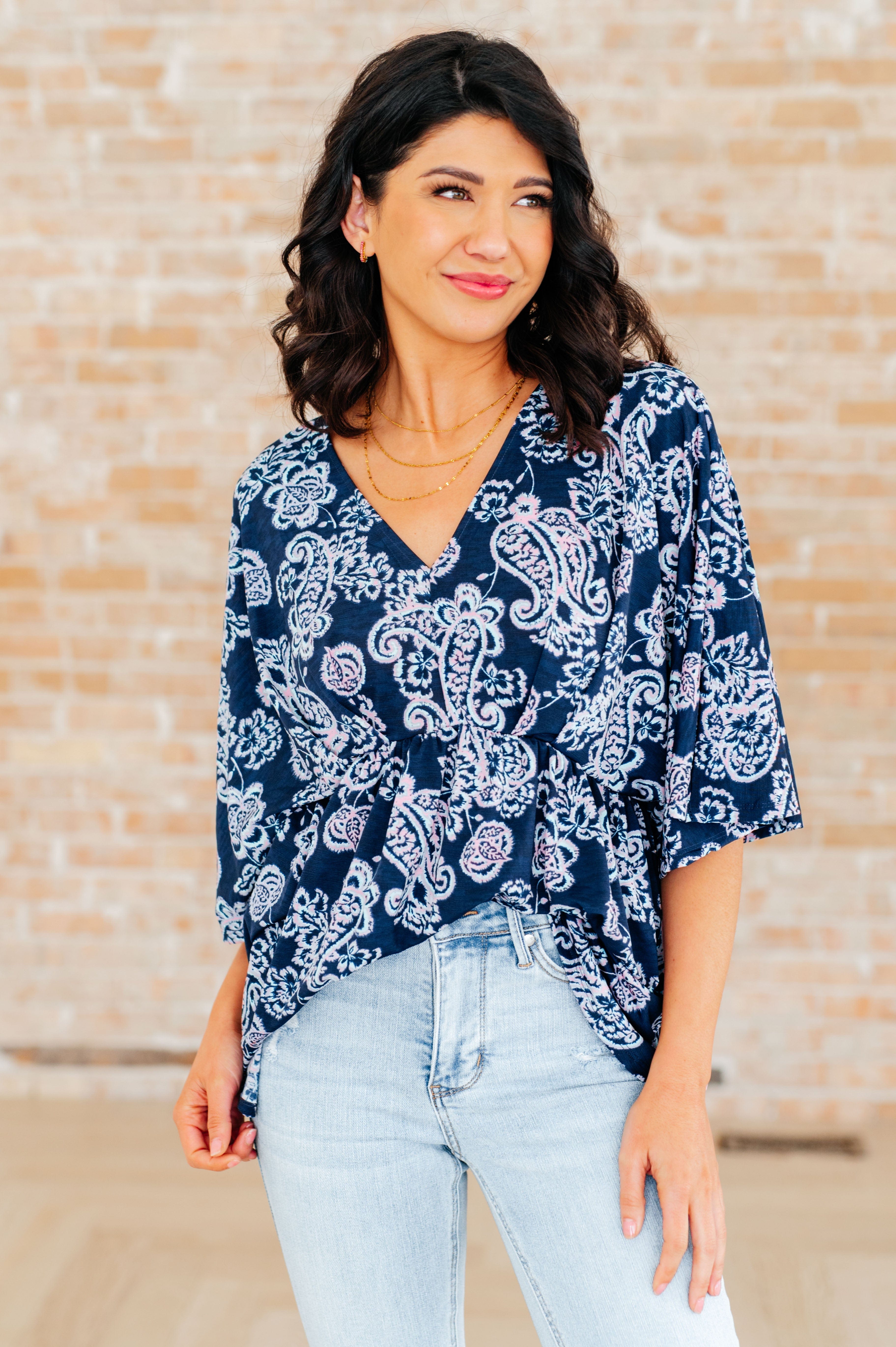 Dreamer Peplum Top in Navy and Pink Paisley-Tops-Stay Foxy Boutique, Florissant, Missouri