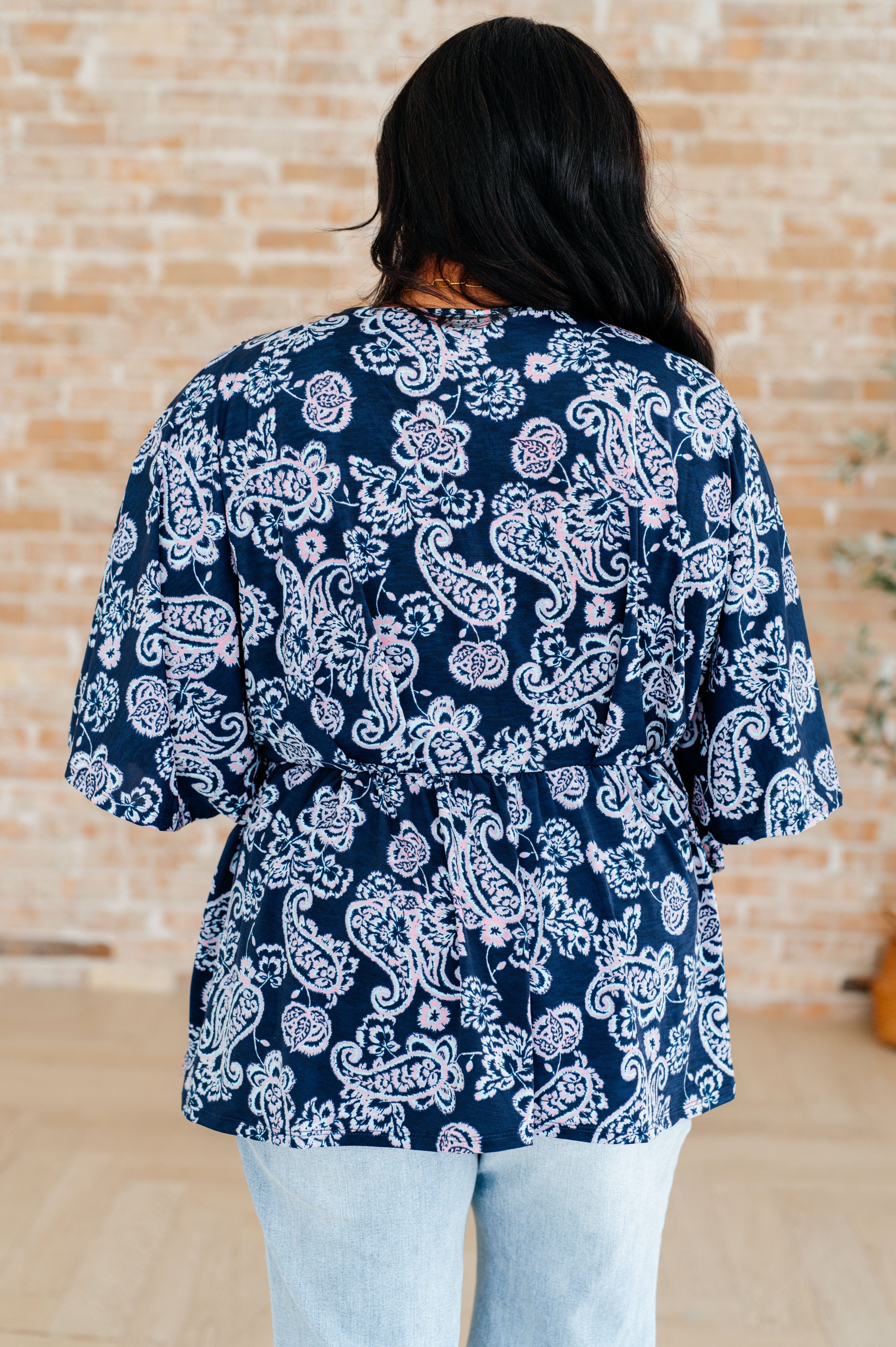 Dreamer Peplum Top in Navy and Pink Paisley-Tops-Stay Foxy Boutique, Florissant, Missouri