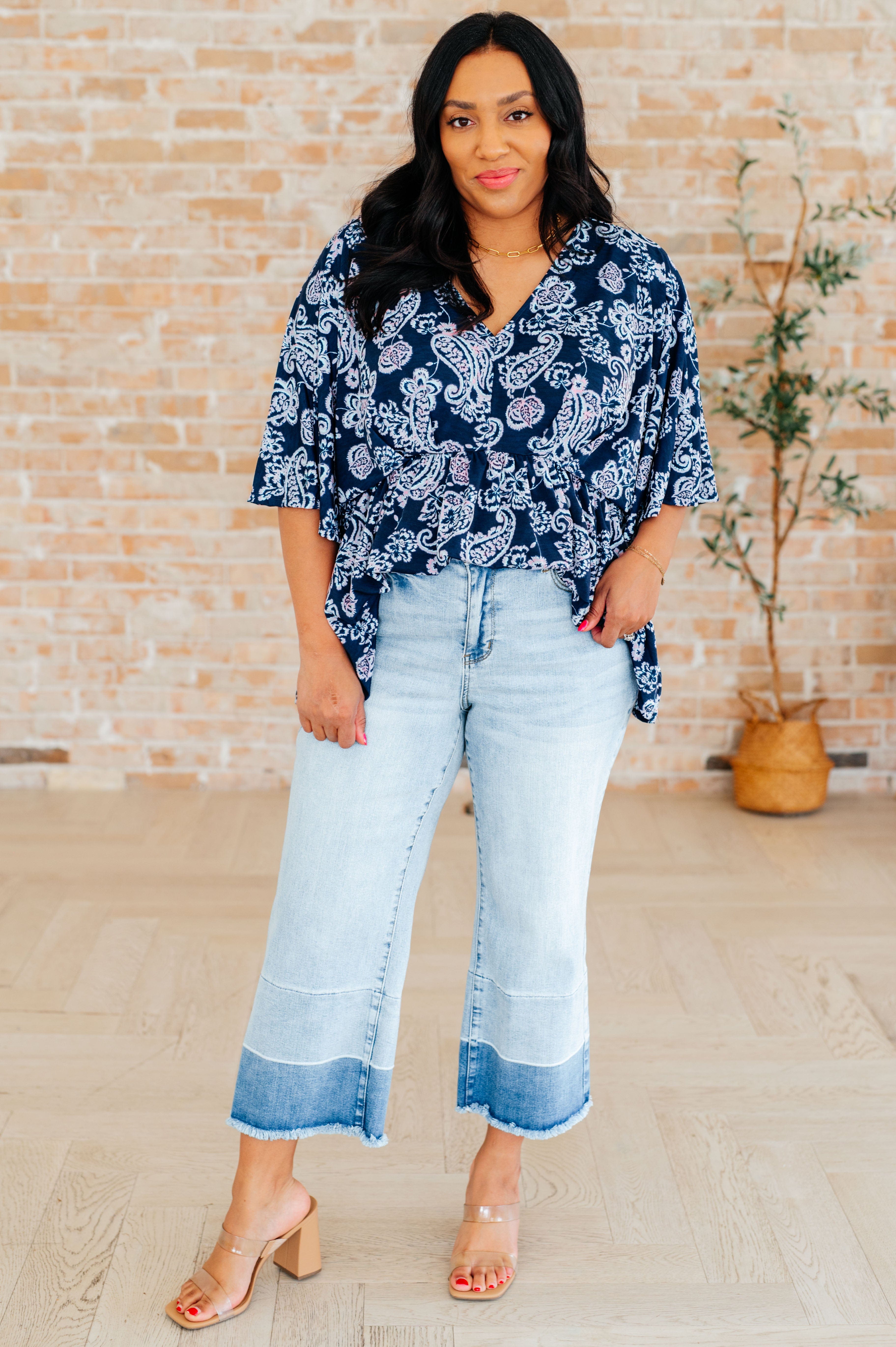 Dreamer Peplum Top in Navy and Pink Paisley-Tops-Stay Foxy Boutique, Florissant, Missouri