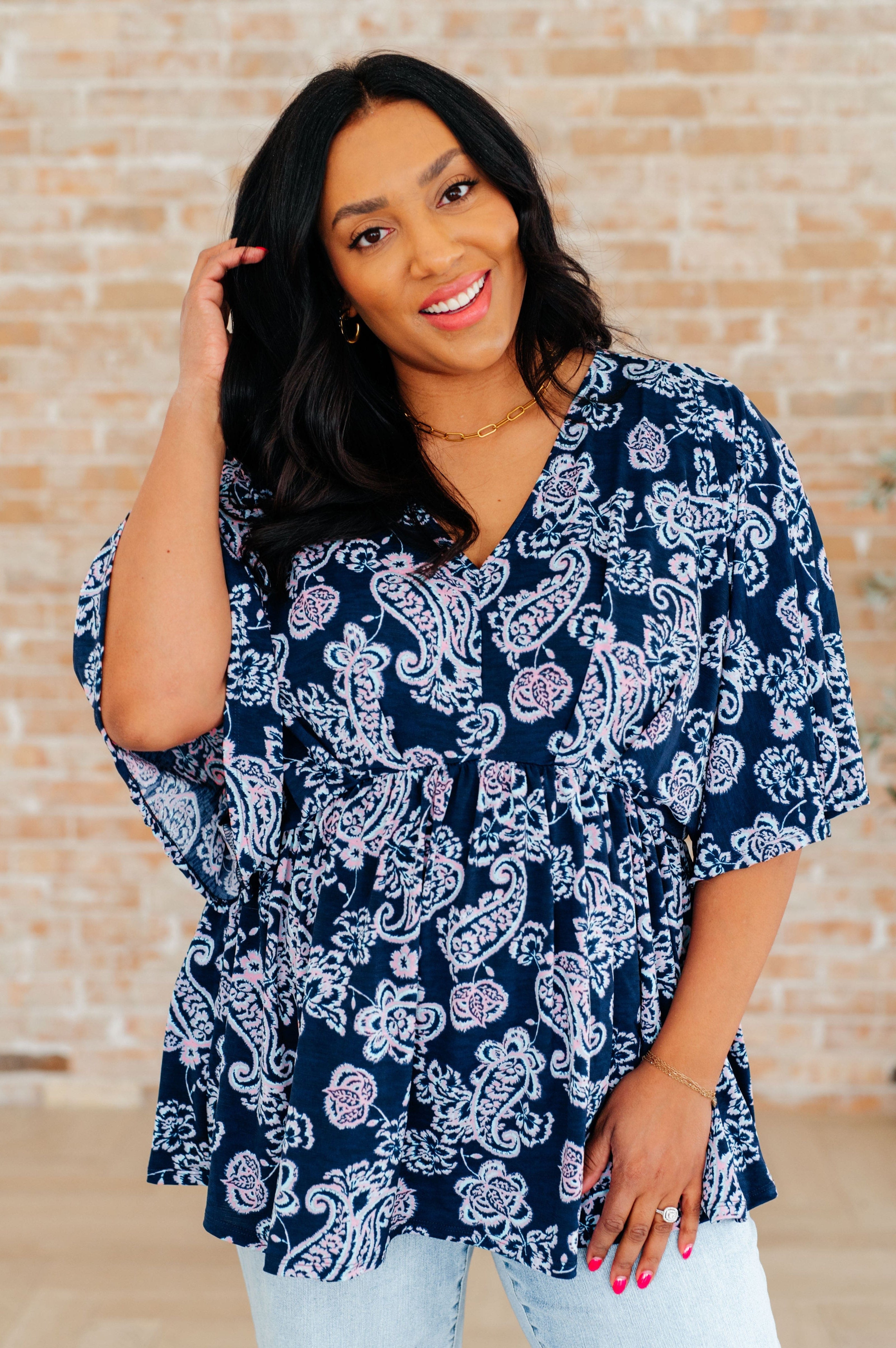 Dreamer Peplum Top in Navy and Pink Paisley-Tops-Stay Foxy Boutique, Florissant, Missouri