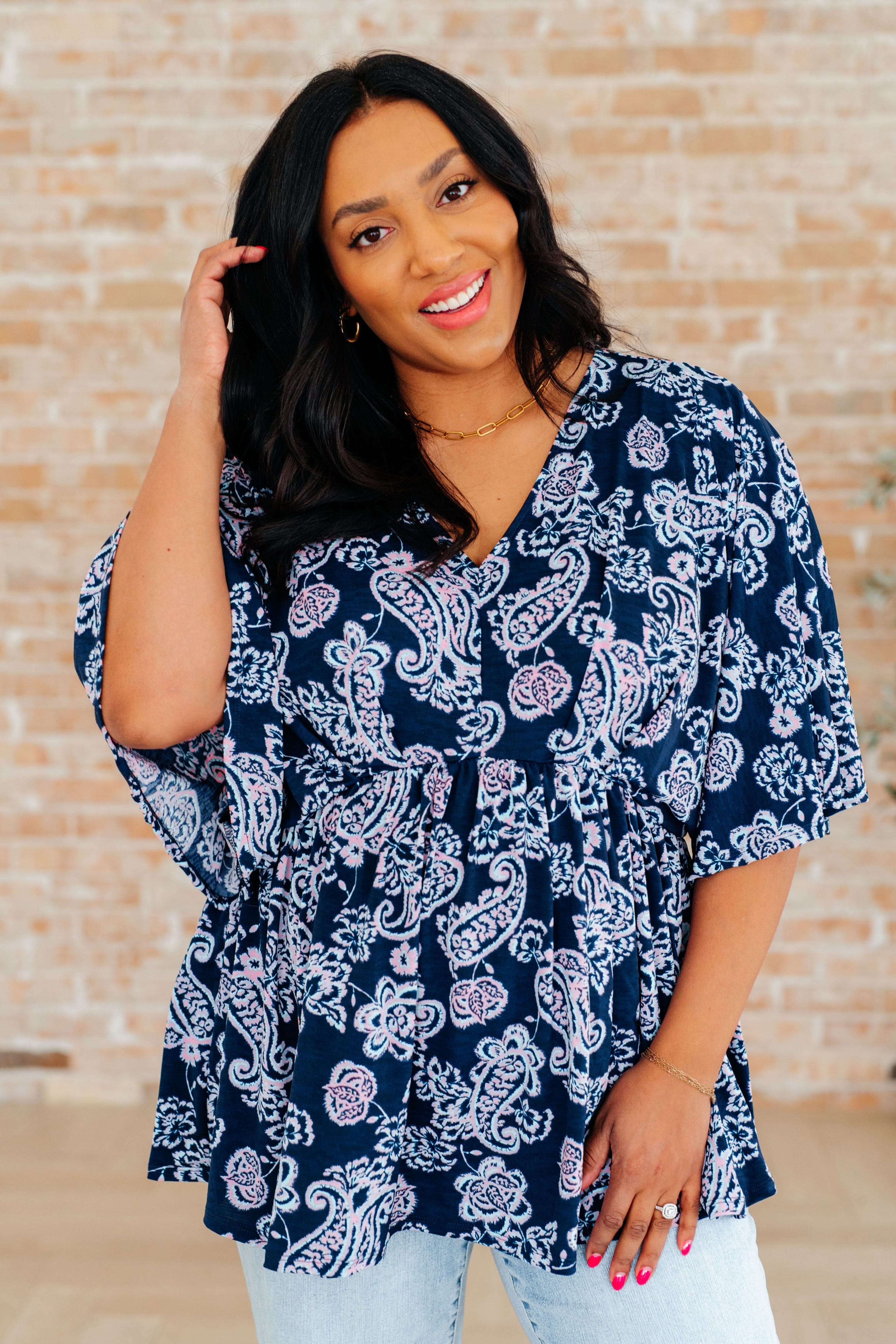 Dreamer Peplum Top in Navy and Pink Paisley-Tops-Stay Foxy Boutique, Florissant, Missouri