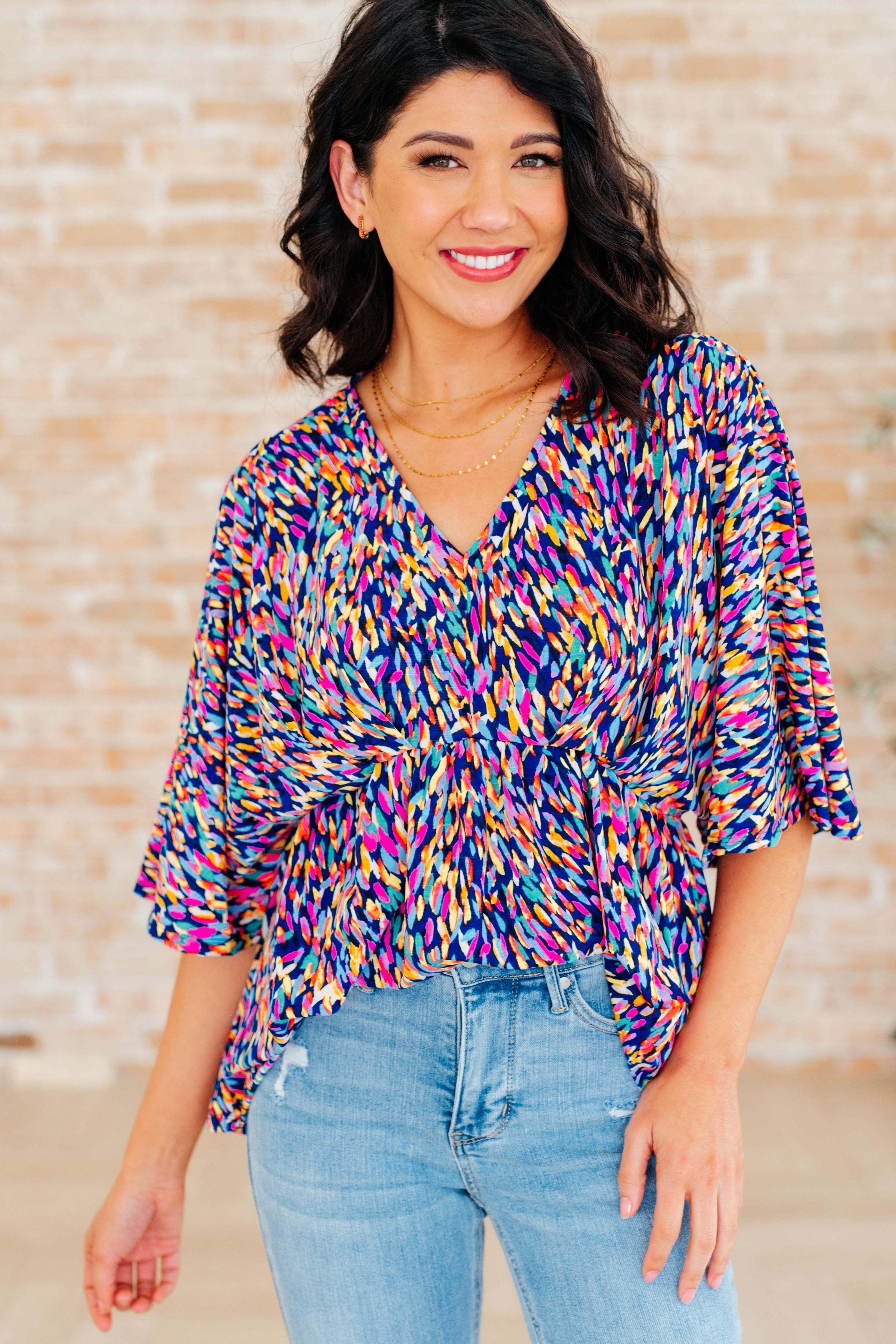 Dreamer Peplum Top in Painted Royal Multi-Tops-Stay Foxy Boutique, Florissant, Missouri