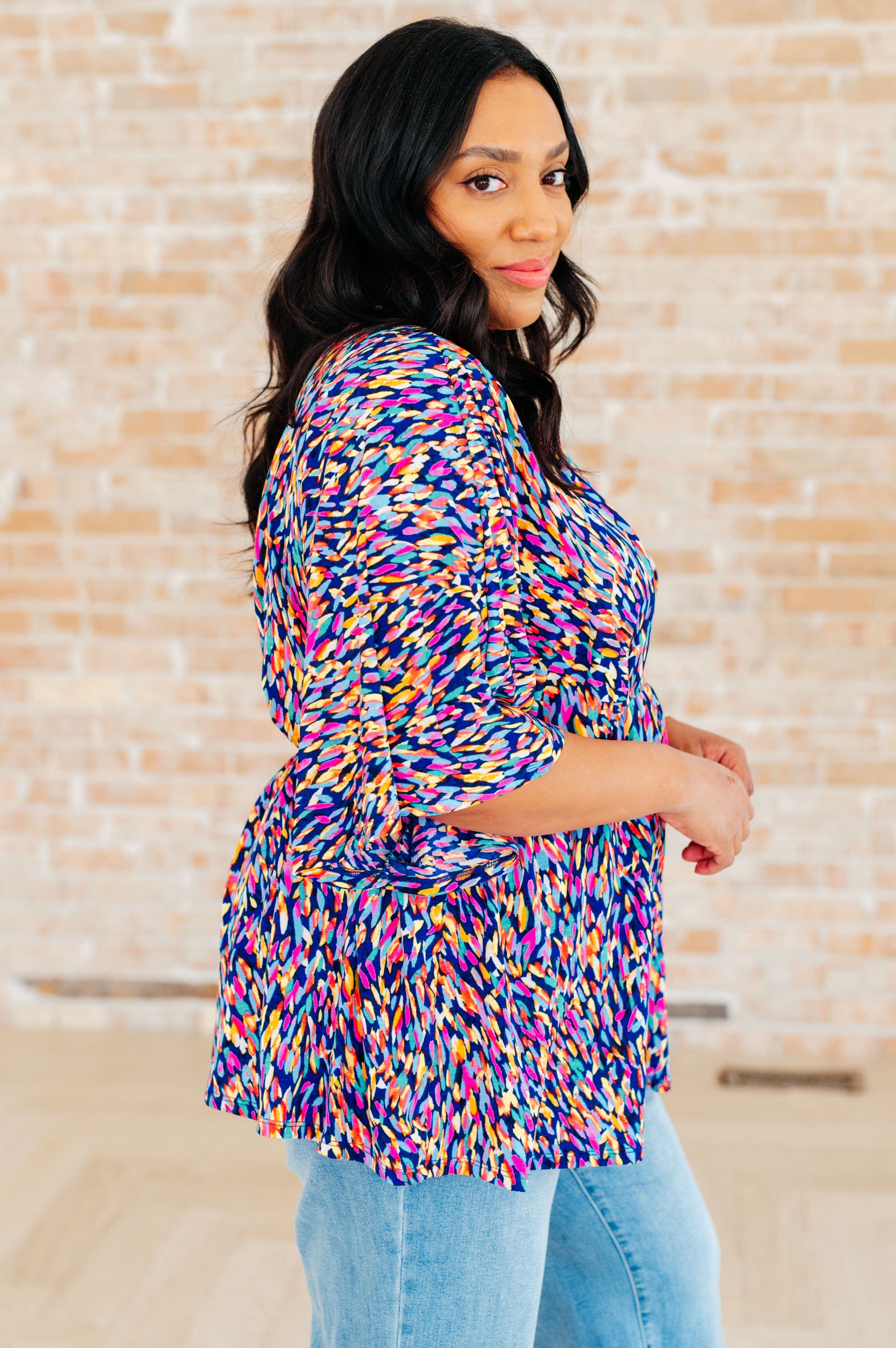 Dreamer Peplum Top in Painted Royal Multi-Tops-Stay Foxy Boutique, Florissant, Missouri