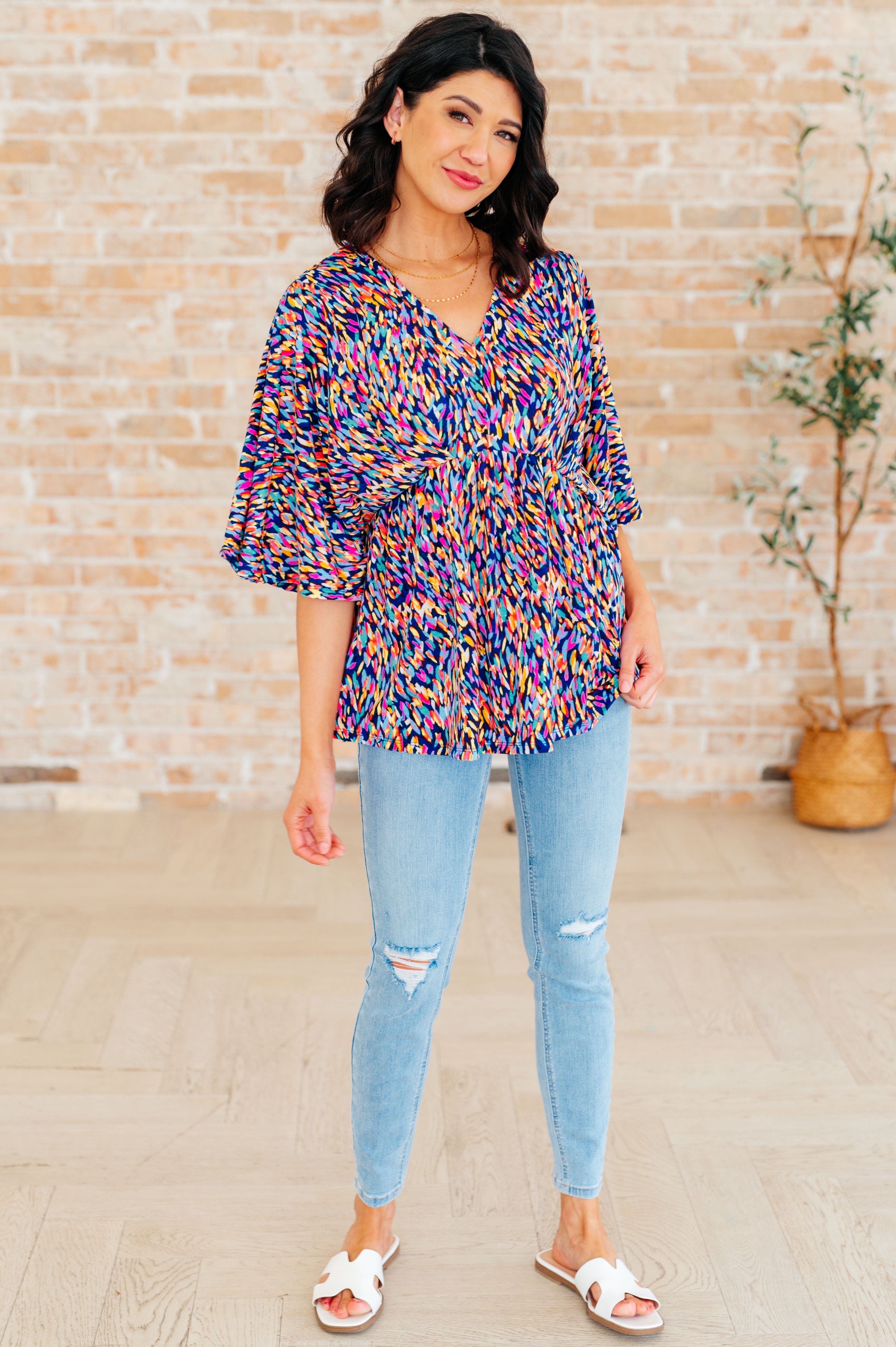 Dreamer Peplum Top in Painted Royal Multi-Tops-Stay Foxy Boutique, Florissant, Missouri