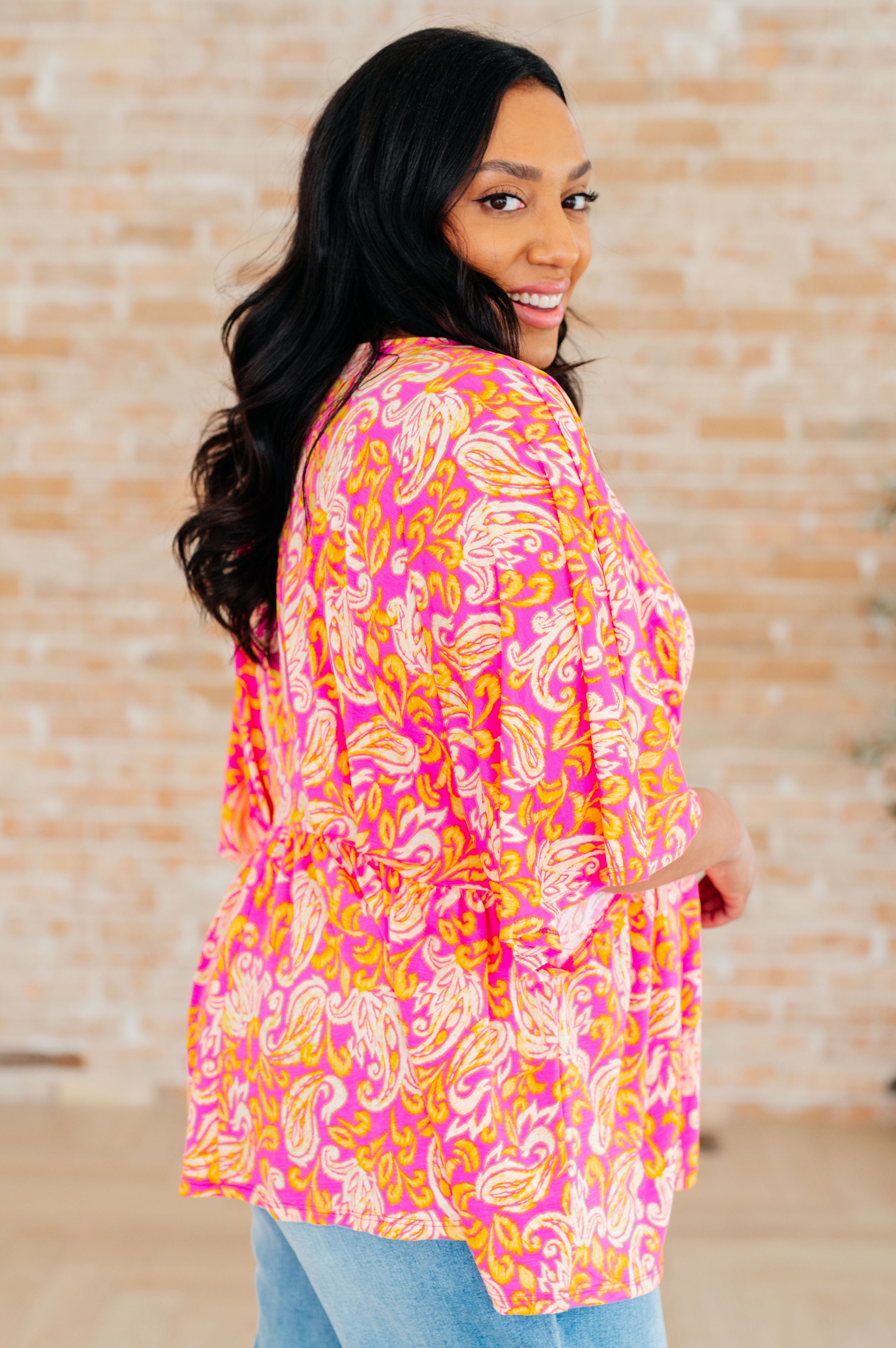 Dreamer Peplum Top in Pink Filigree-Tops-Stay Foxy Boutique, Florissant, Missouri