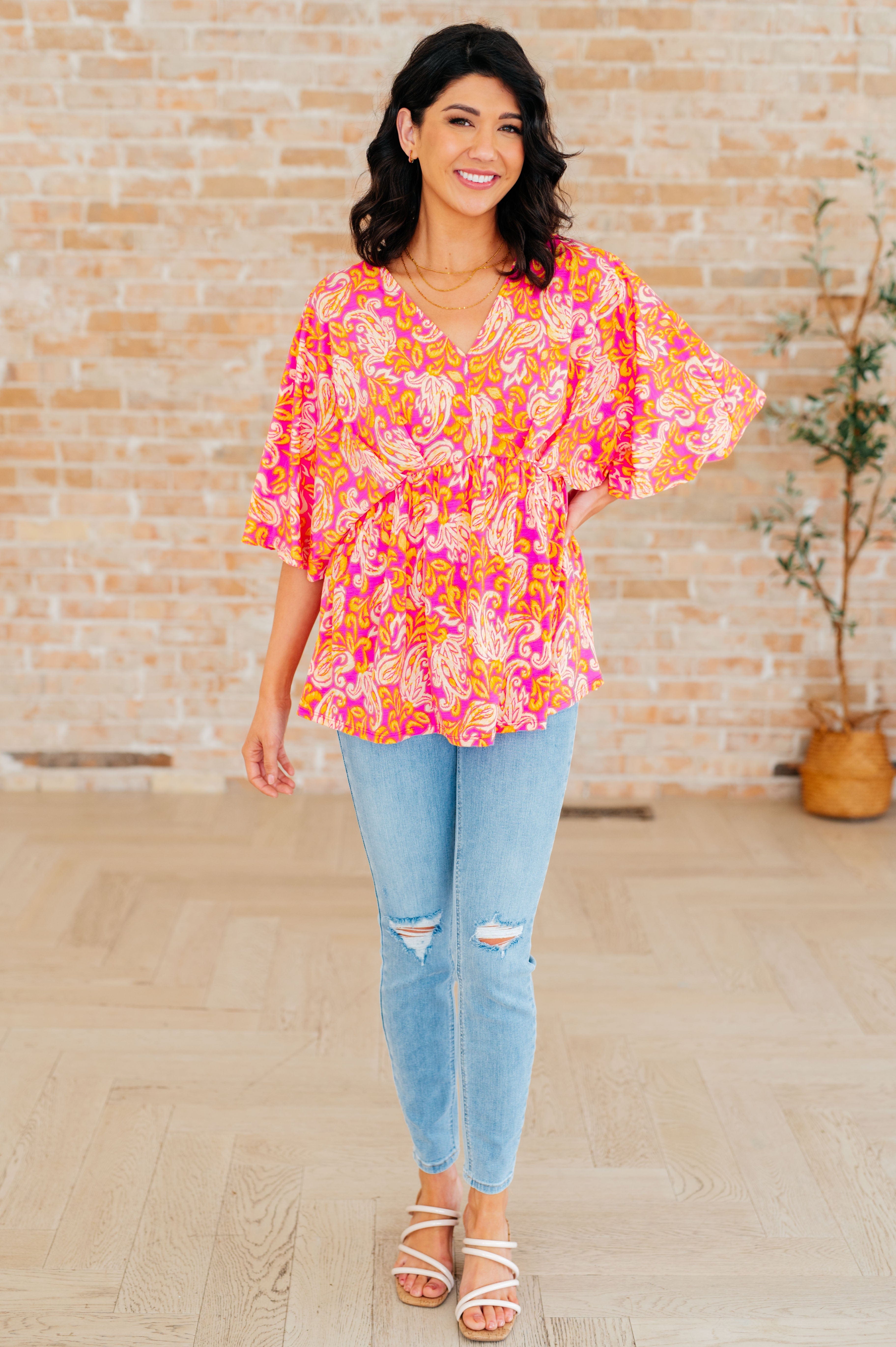 Dreamer Peplum Top in Pink Filigree-Tops-Stay Foxy Boutique, Florissant, Missouri