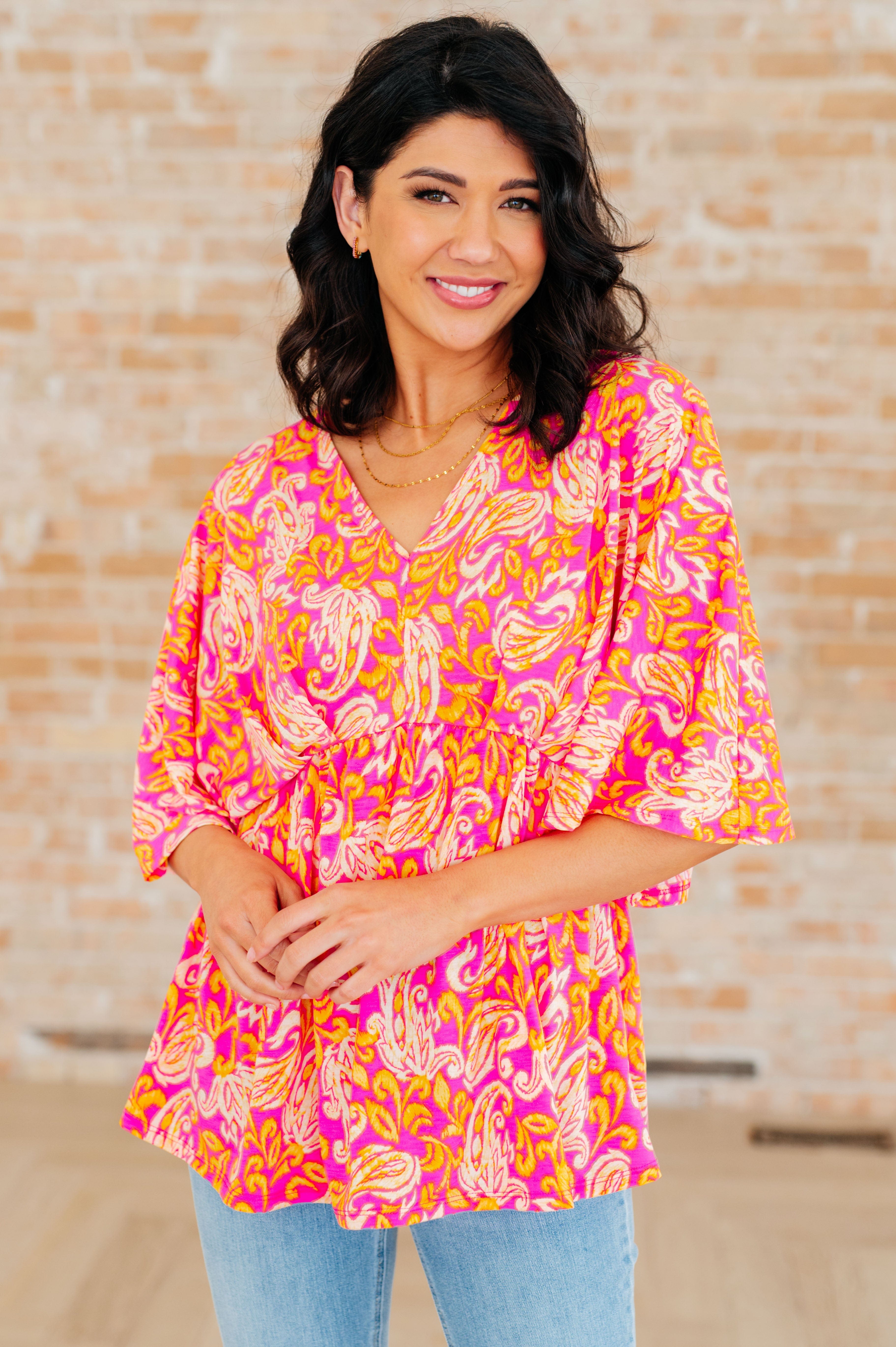 Dreamer Peplum Top in Pink Filigree-Tops-Stay Foxy Boutique, Florissant, Missouri