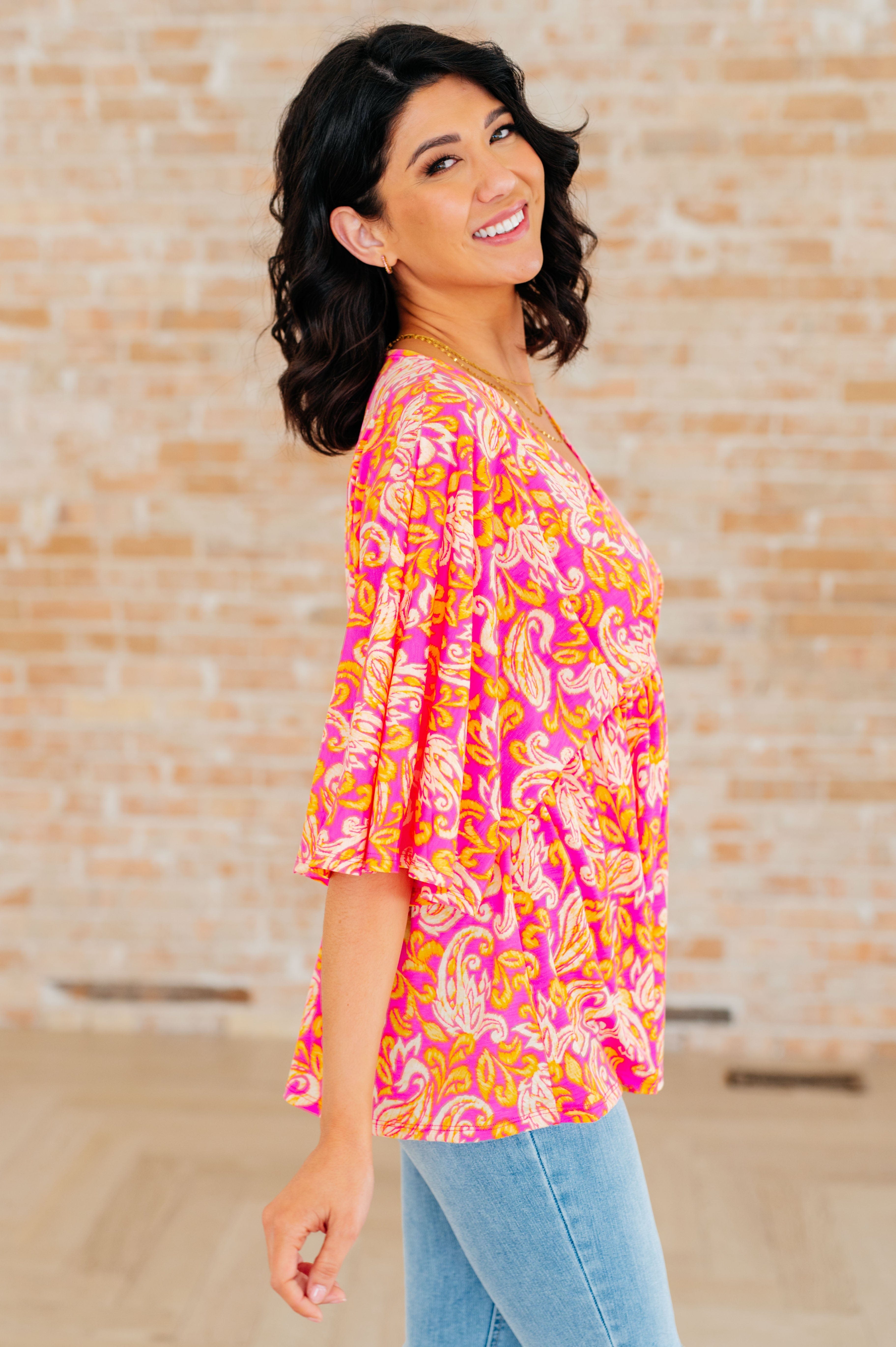 Dreamer Peplum Top in Pink Filigree-Tops-Stay Foxy Boutique, Florissant, Missouri