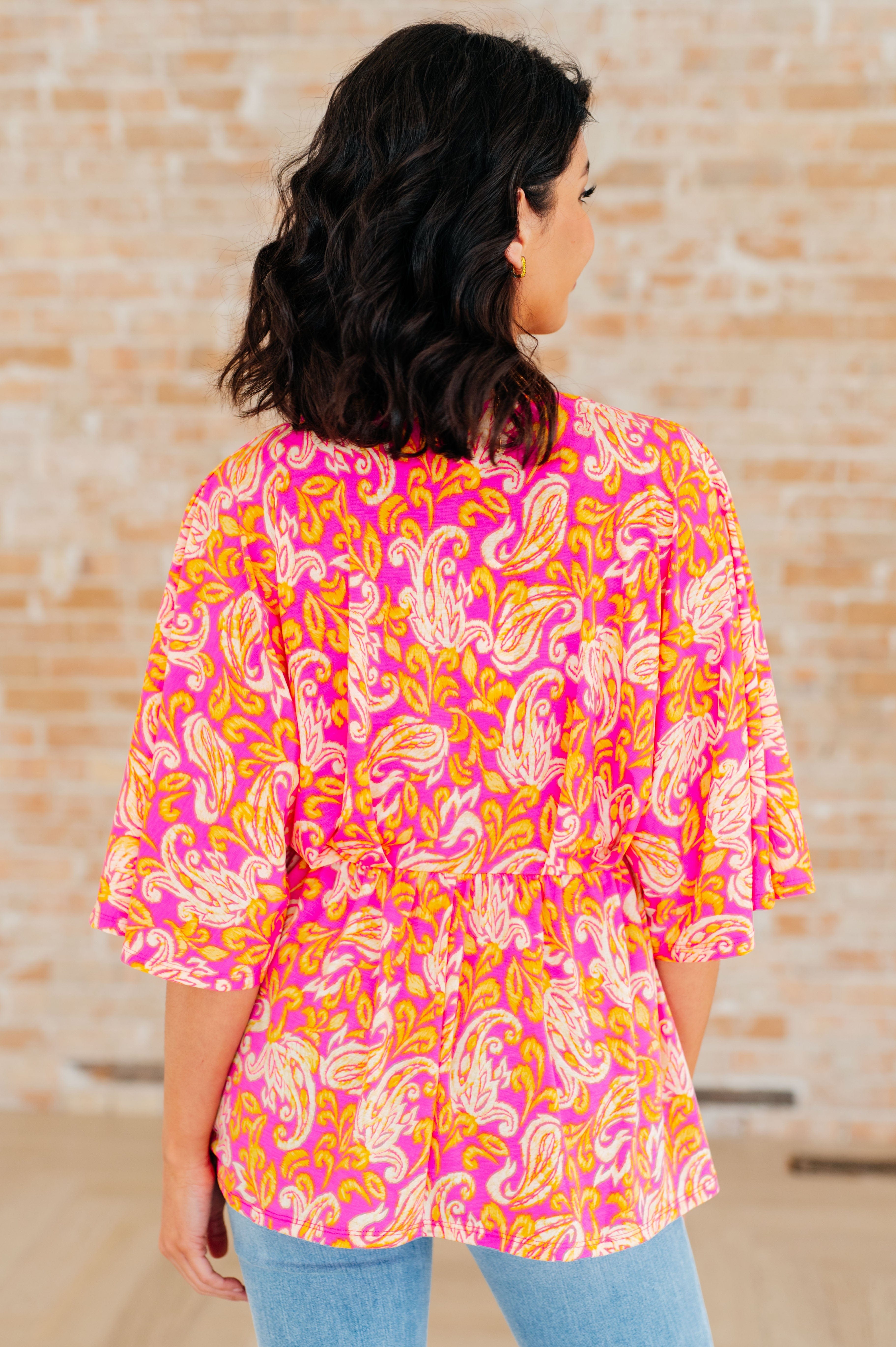 Dreamer Peplum Top in Pink Filigree-Tops-Stay Foxy Boutique, Florissant, Missouri