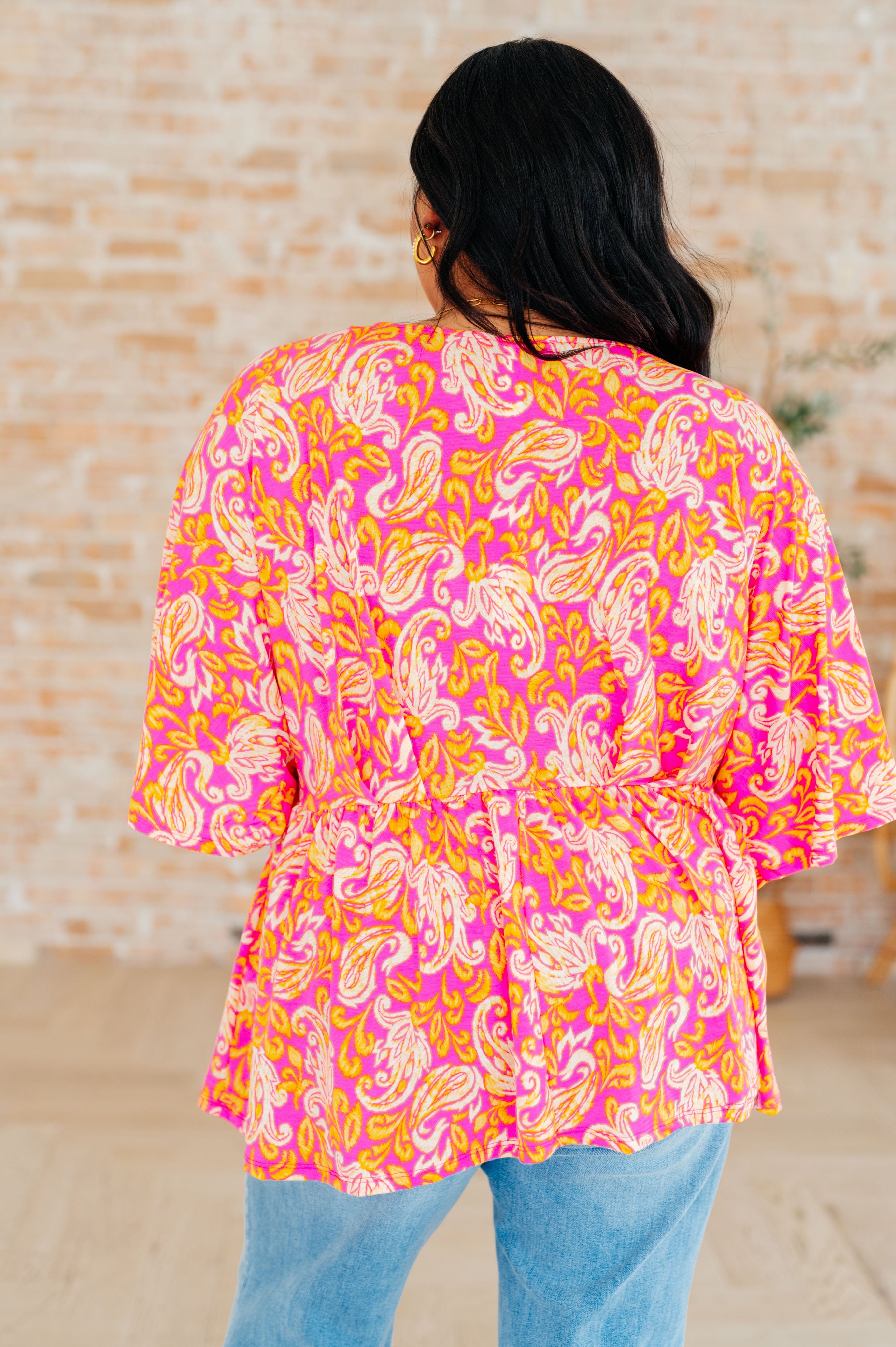 Dreamer Peplum Top in Pink Filigree-Tops-Stay Foxy Boutique, Florissant, Missouri