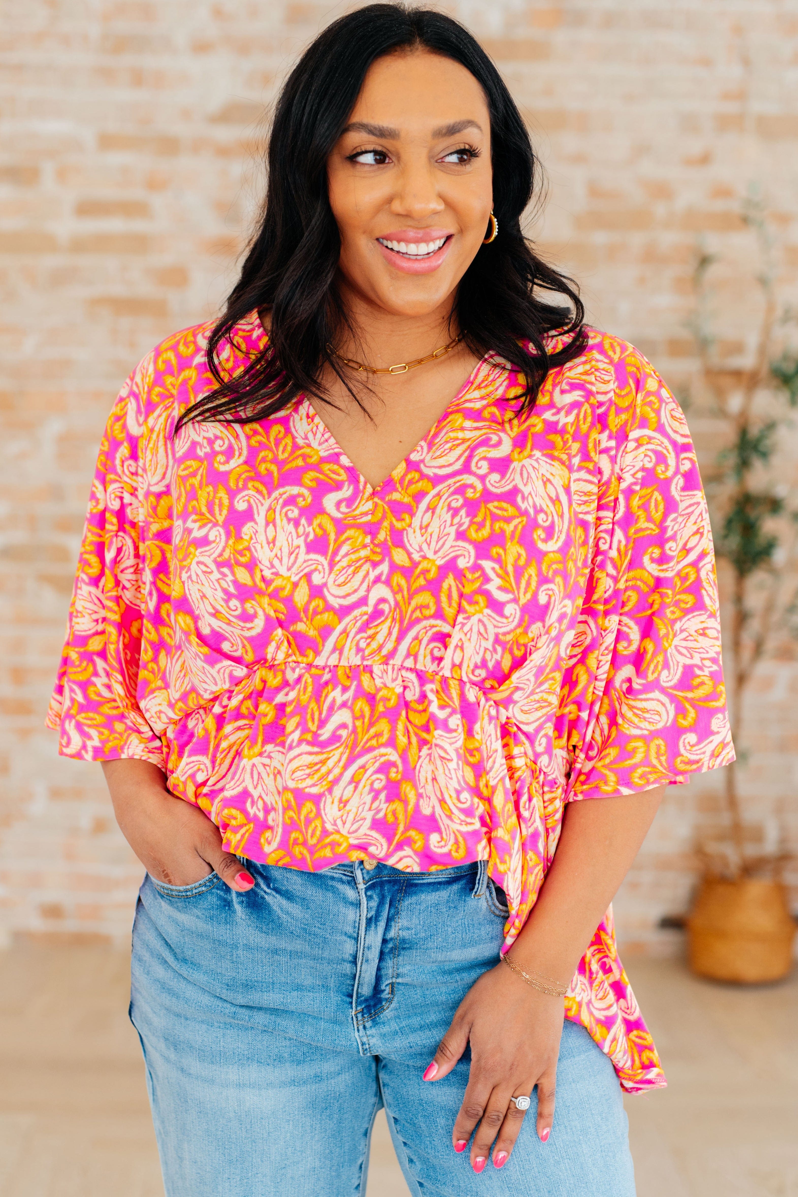 Dreamer Peplum Top in Pink Filigree-Tops-Stay Foxy Boutique, Florissant, Missouri