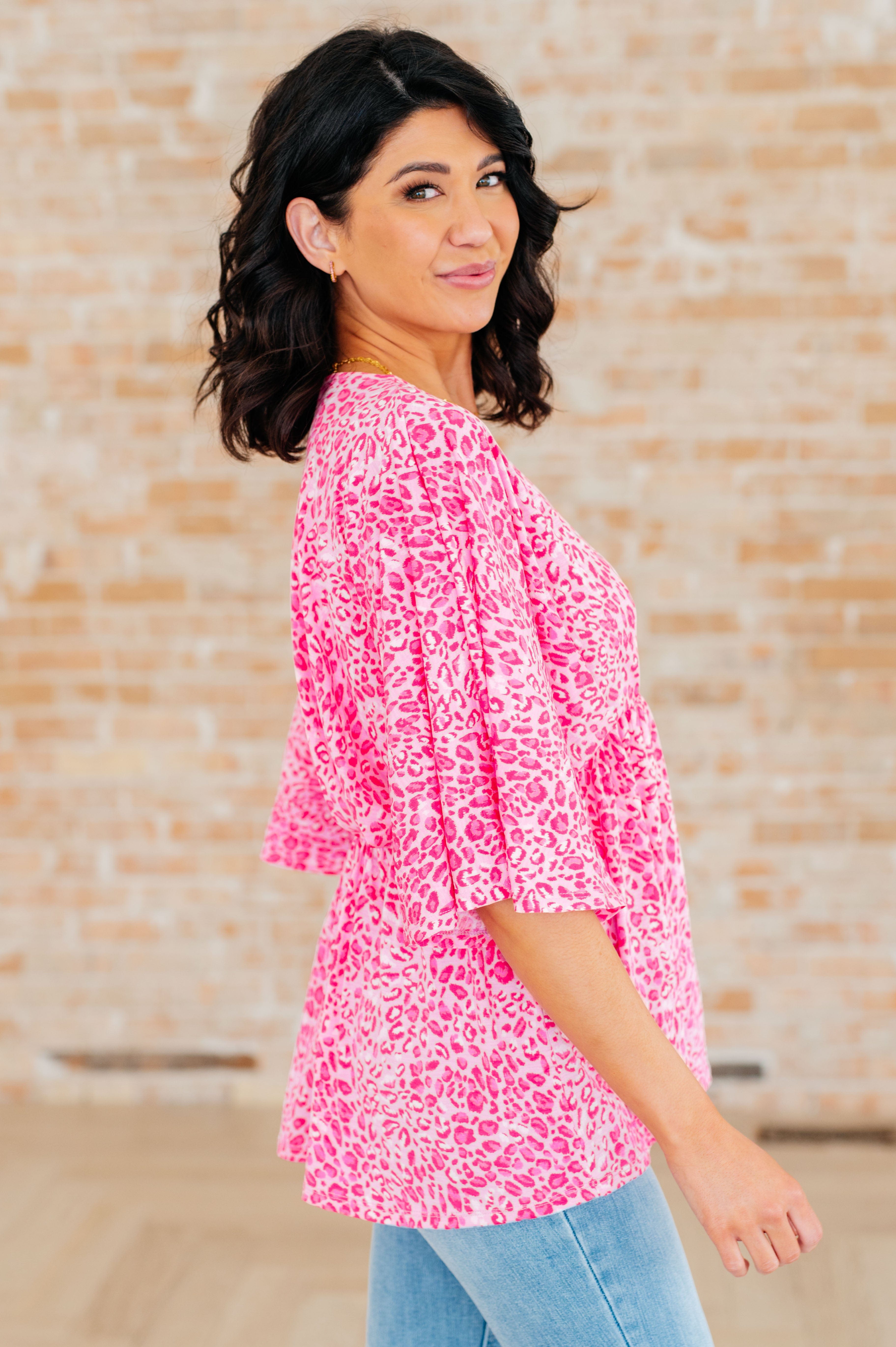 Dreamer Peplum Top in Pink Leopard-Tops-Stay Foxy Boutique, Florissant, Missouri