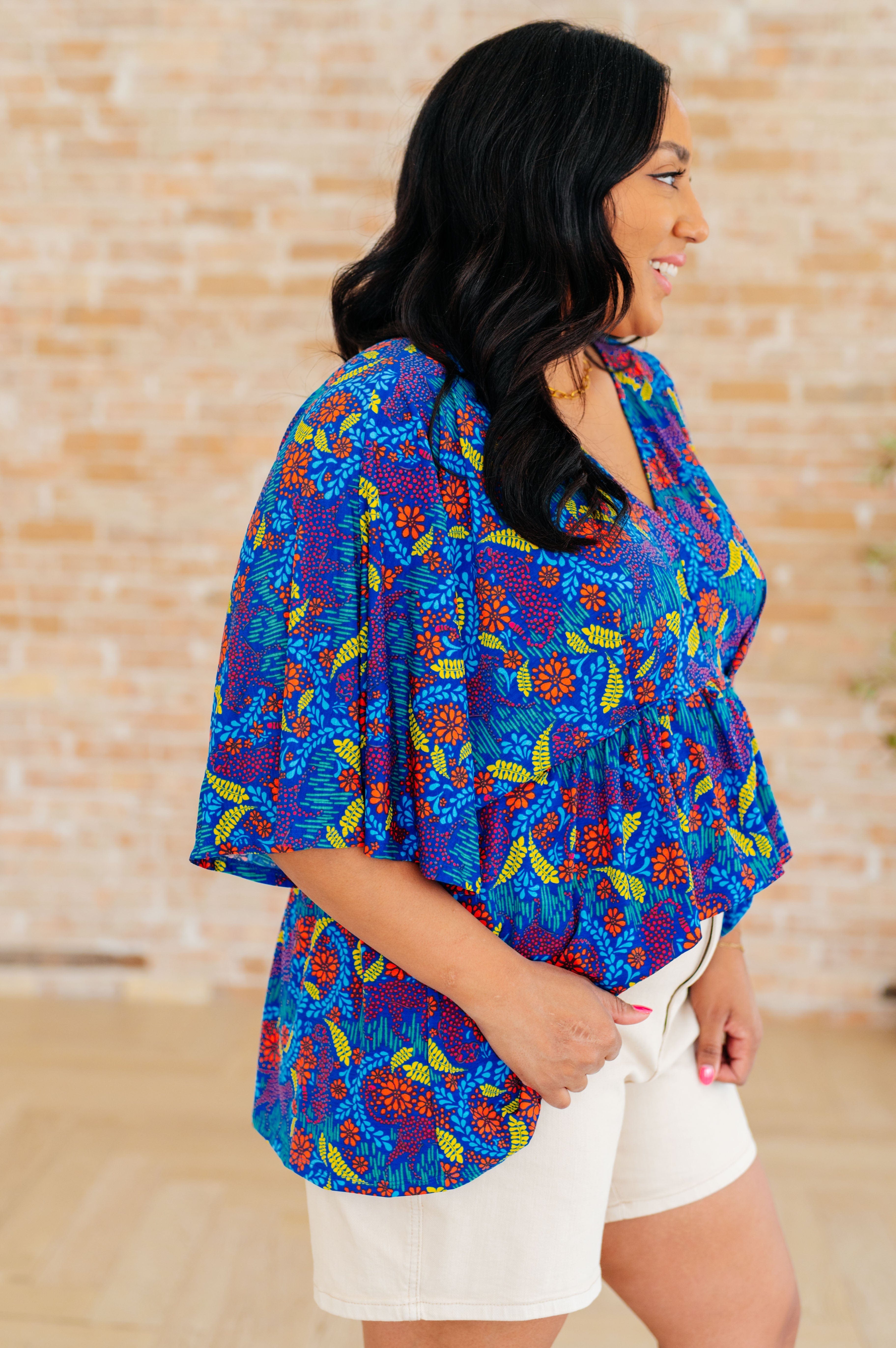 Dreamer Peplum Top in Royal and Red Abstract-Tops-Stay Foxy Boutique, Florissant, Missouri