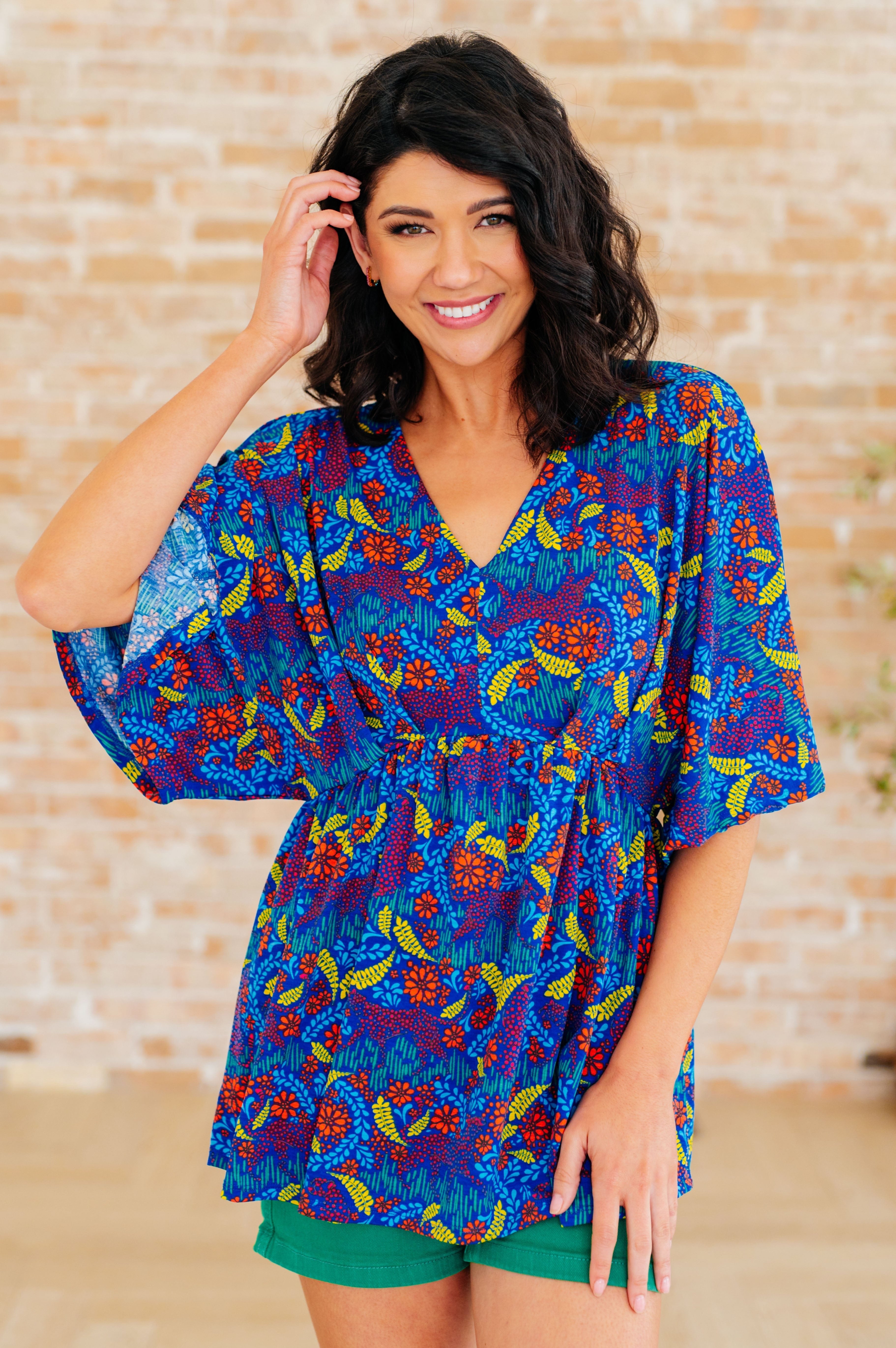 Dreamer Peplum Top in Royal and Red Abstract-Tops-Stay Foxy Boutique, Florissant, Missouri