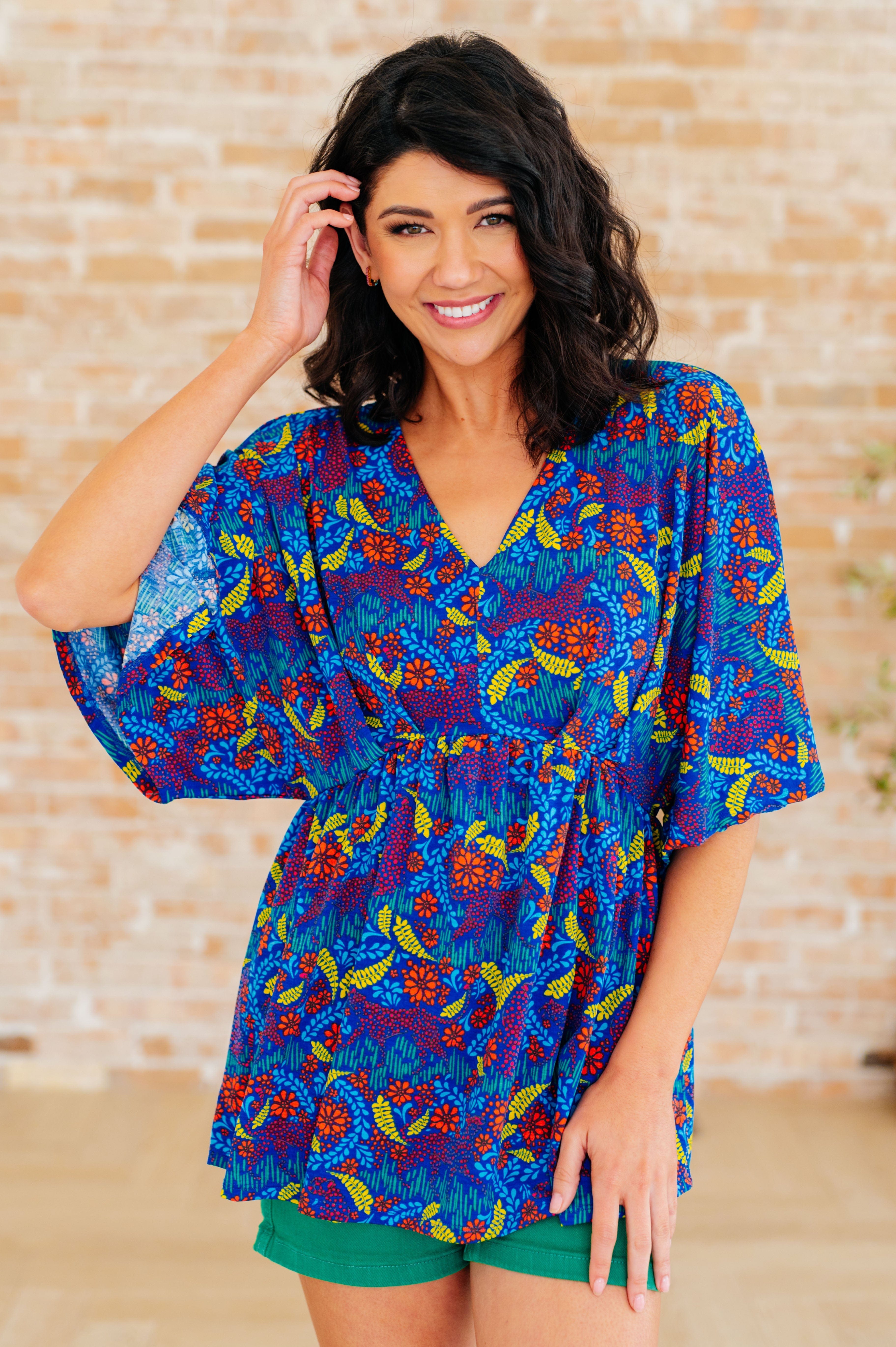 Dreamer Peplum Top in Royal and Red Abstract-Tops-Stay Foxy Boutique, Florissant, Missouri