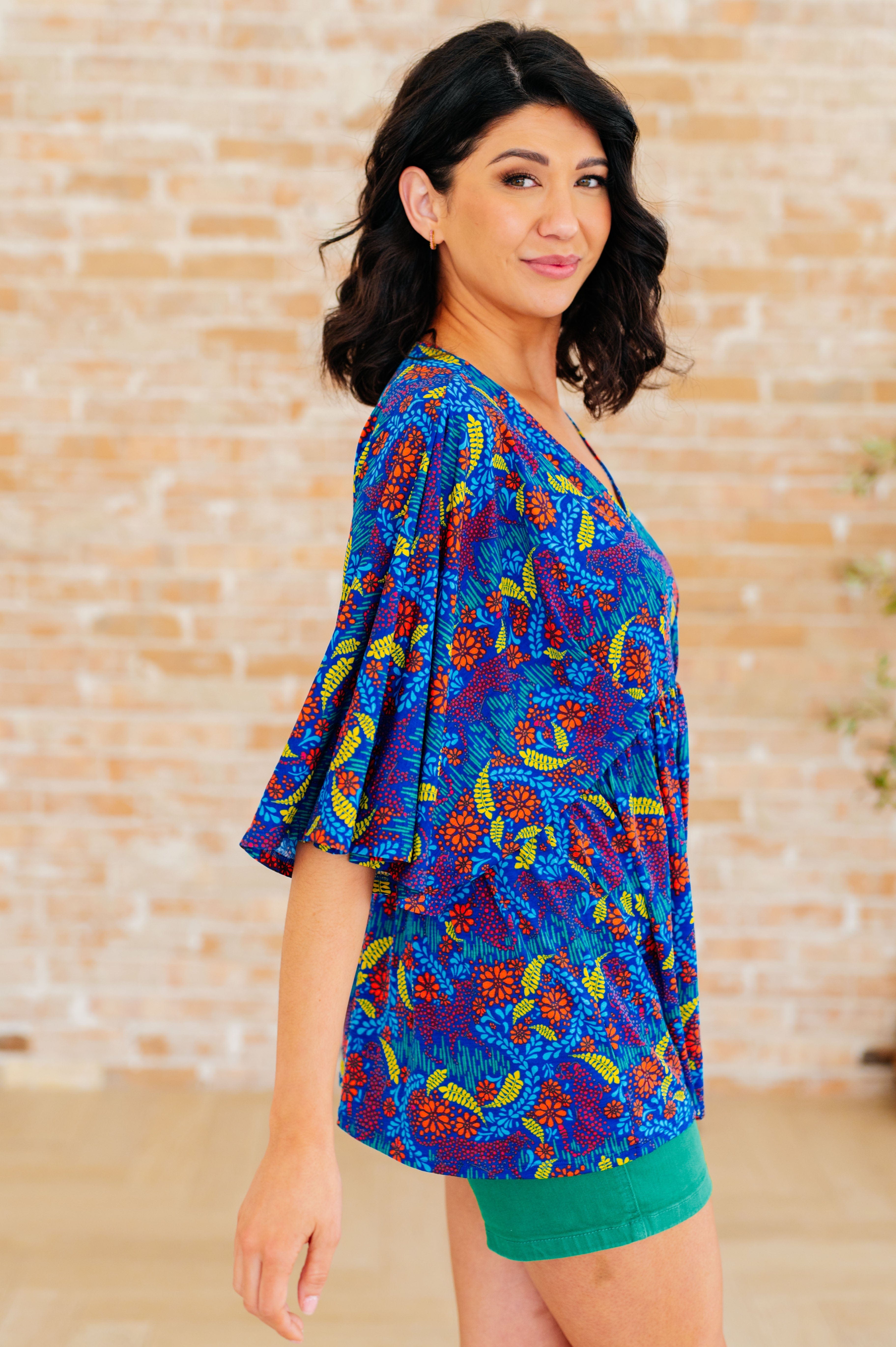 Dreamer Peplum Top in Royal and Red Abstract-Tops-Stay Foxy Boutique, Florissant, Missouri