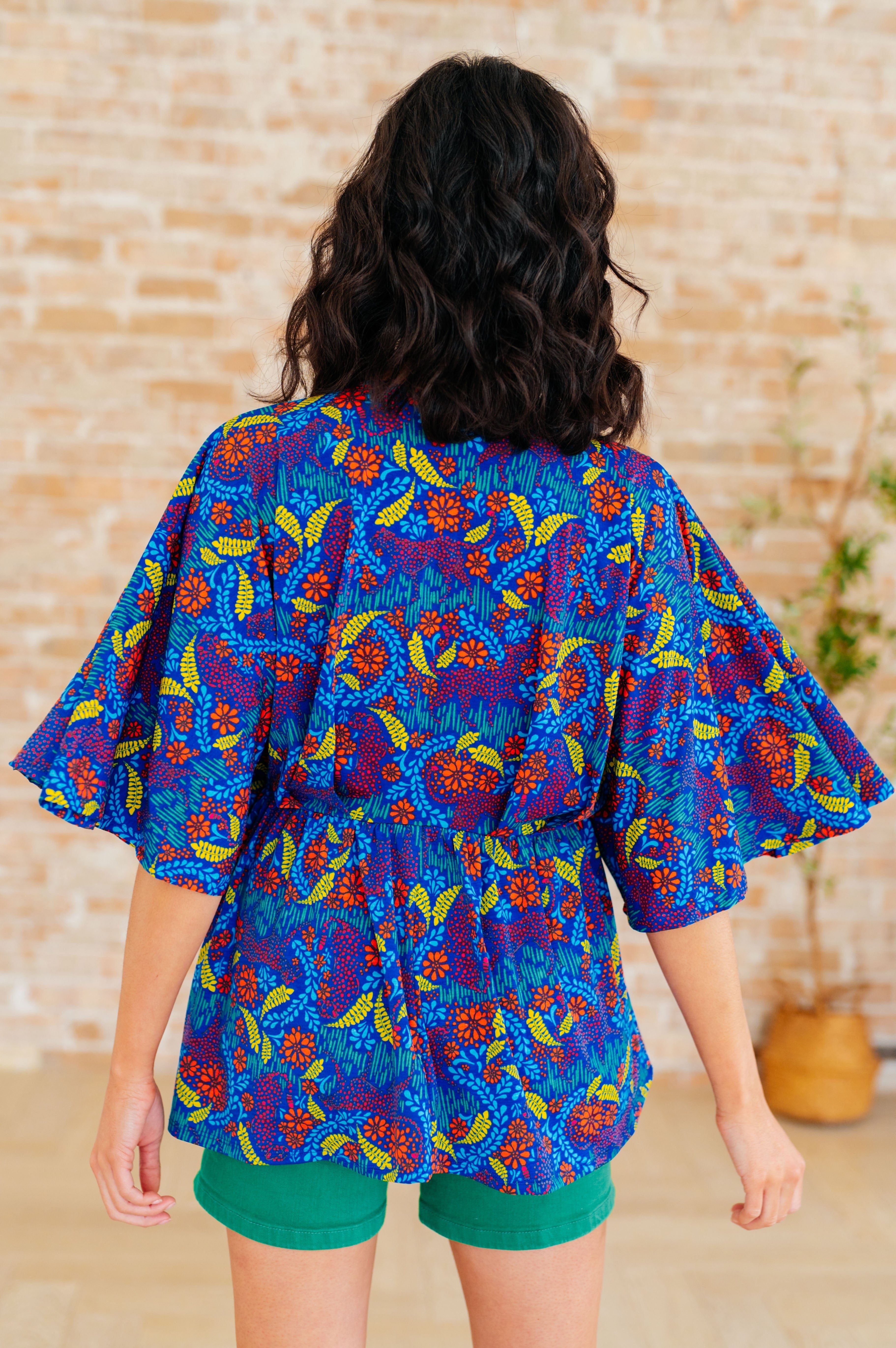 Dreamer Peplum Top in Royal and Red Abstract-Tops-Stay Foxy Boutique, Florissant, Missouri