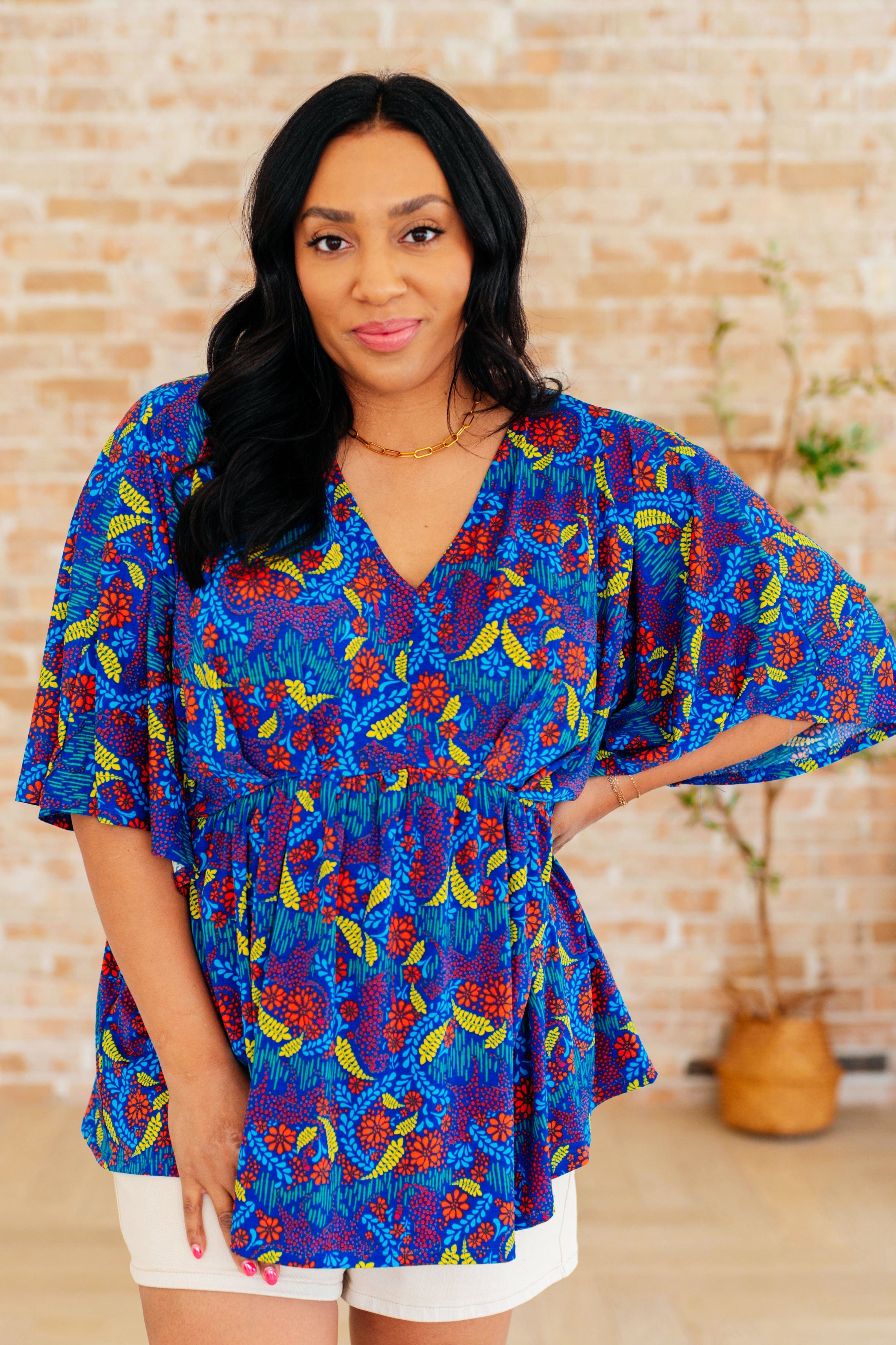 Dreamer Peplum Top in Royal and Red Abstract-Tops-Stay Foxy Boutique, Florissant, Missouri