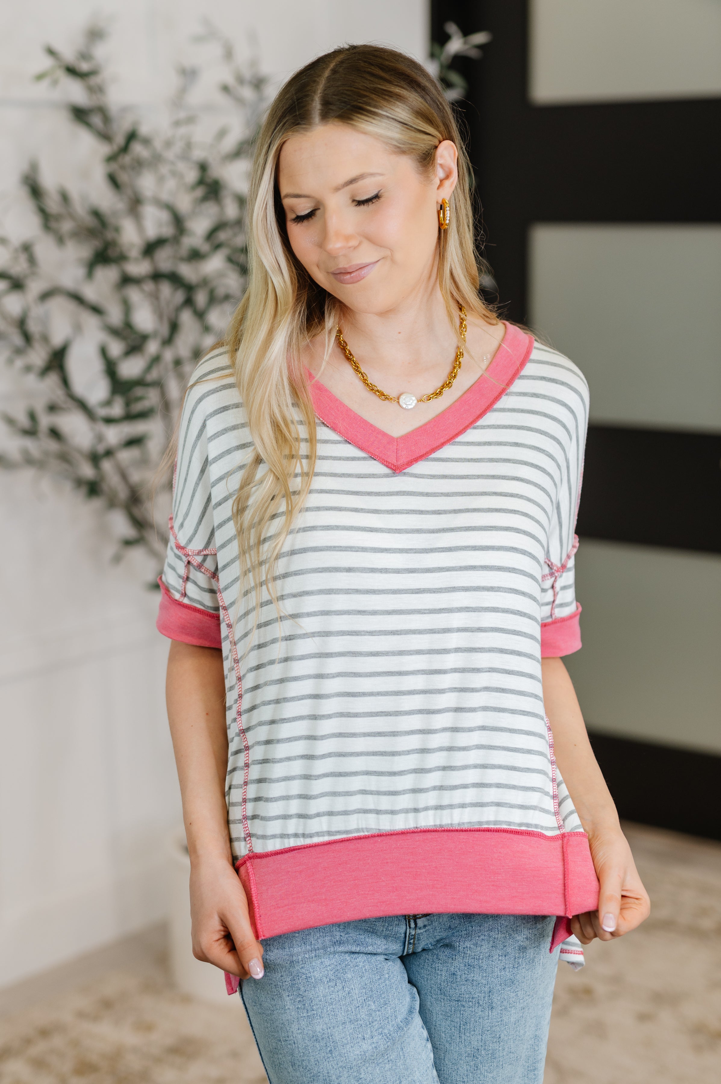 Dressed to Chill V-Neck Top in Heather/Grey/Ivory/Pink-Womens-Stay Foxy Boutique, Florissant, Missouri