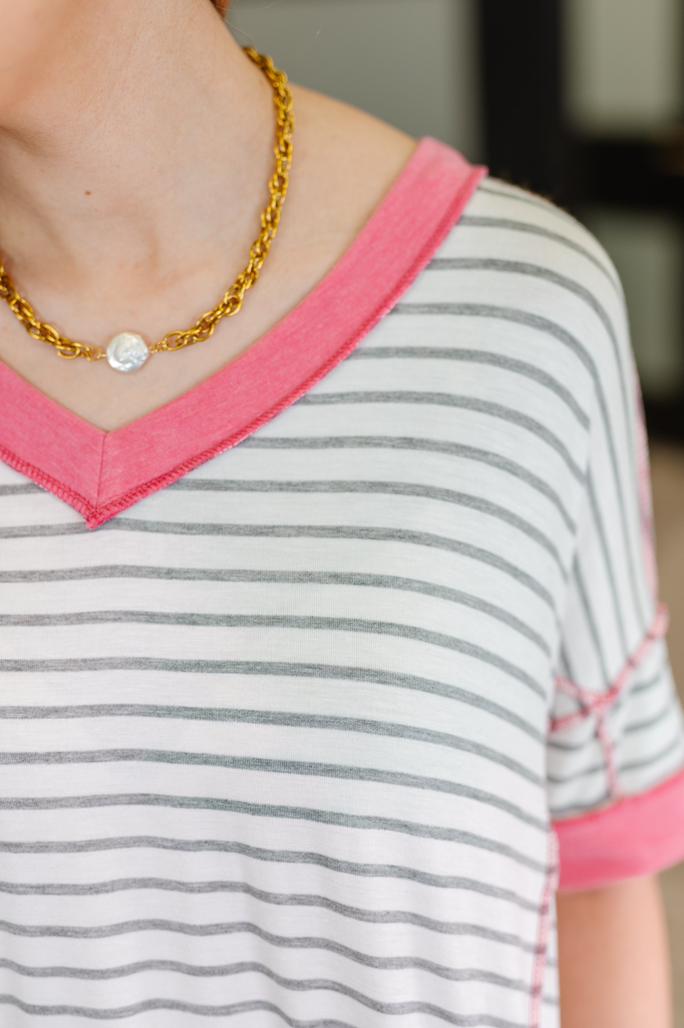Dressed to Chill V-Neck Top in Heather/Grey/Ivory/Pink-Womens-Stay Foxy Boutique, Florissant, Missouri