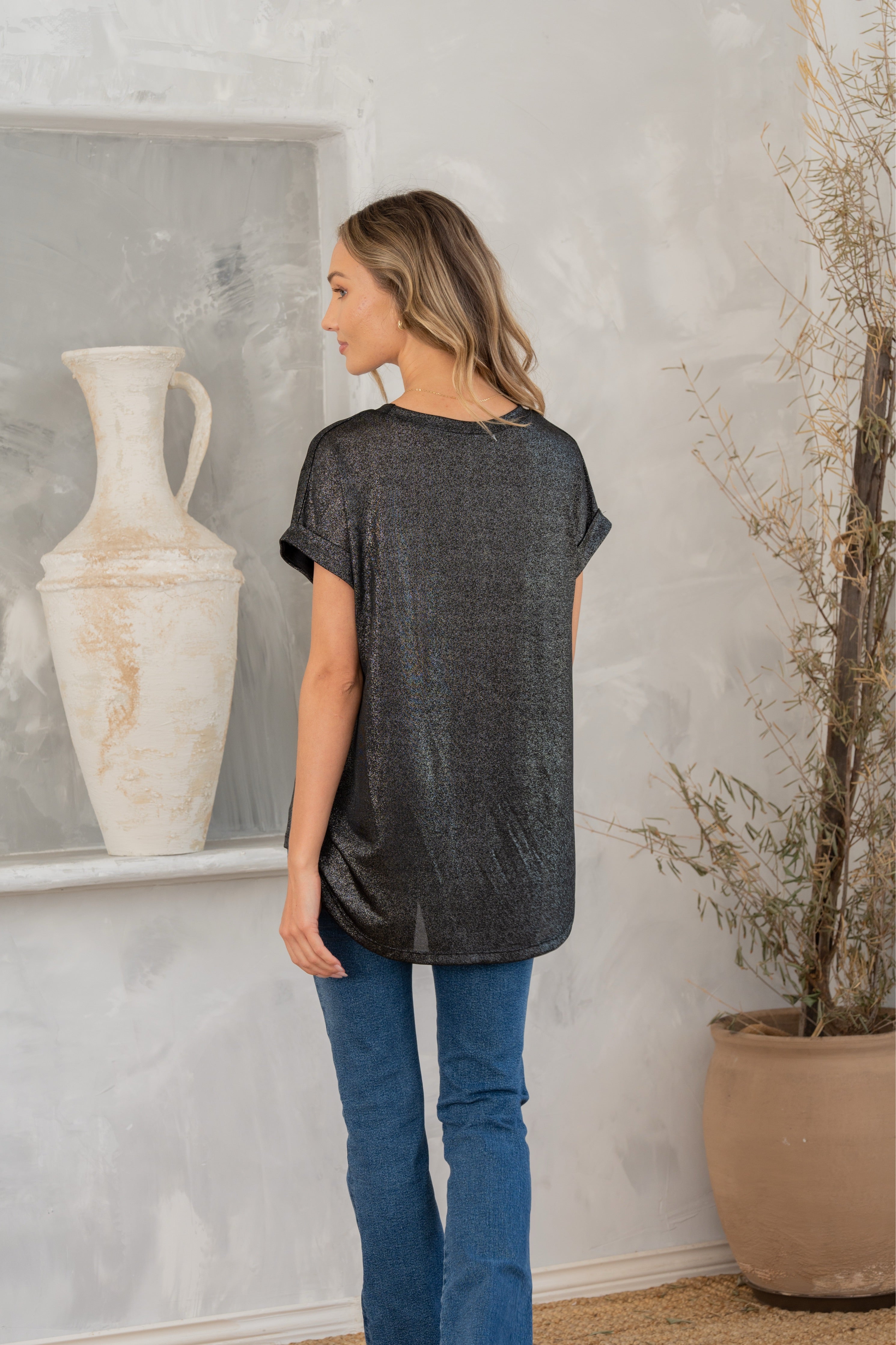 Shimmer Cuffed Top in Black-Womens-Stay Foxy Boutique, Florissant, Missouri